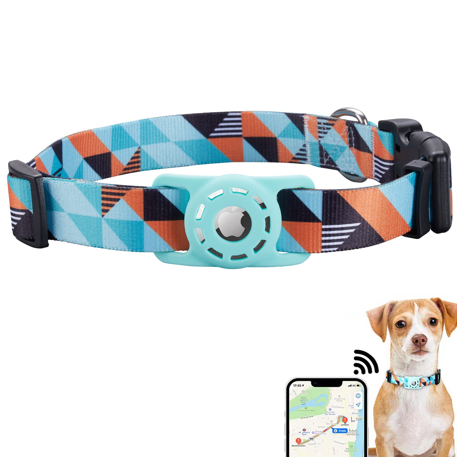 Konity Airtag Dog Collar, Polyester Puppy Collar With Silicone Holder, Stylish Patterns Pet Case For Cat Small, Medium, Large, A