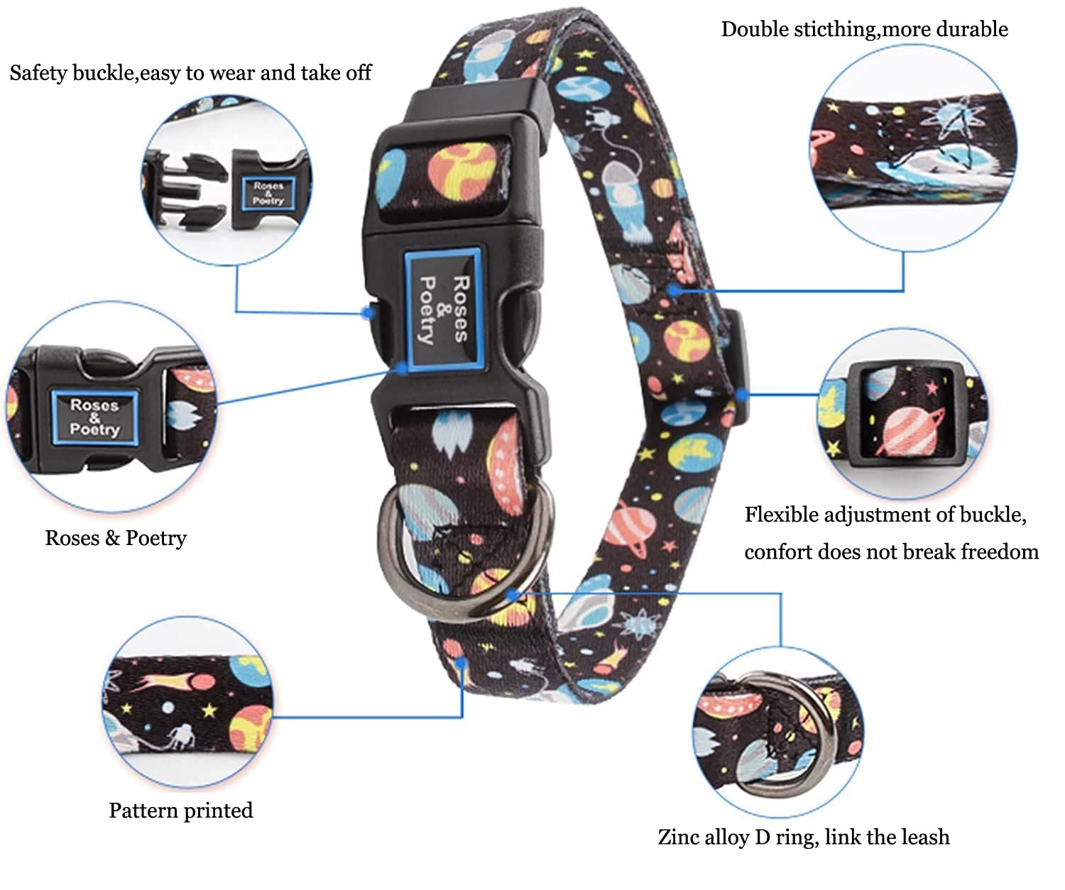 Roses&Poetry Dog Collar With Colourful Star Patterns, Adjustable Durable Puppy Collars For Small Medium Large Dogs (Star-Xs)