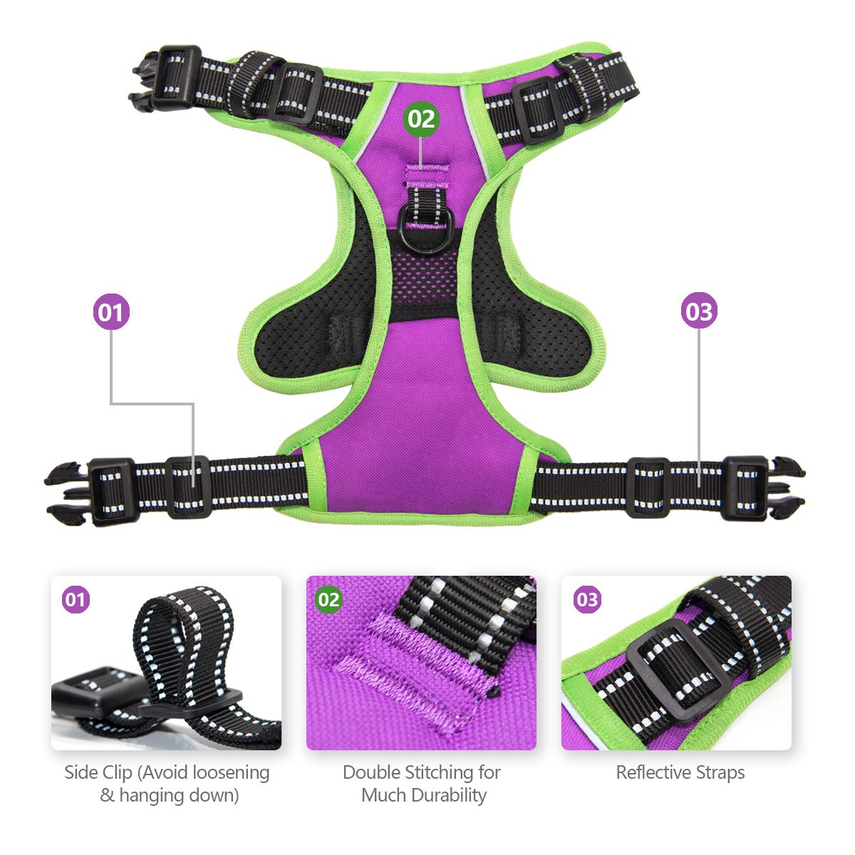 Phoepet 2019 No Pull Dog Harness Medium Reflective Front Clip Vest With Handle,Adjustable 2 Metal Rings 3 Buckles,[Easy To Put O