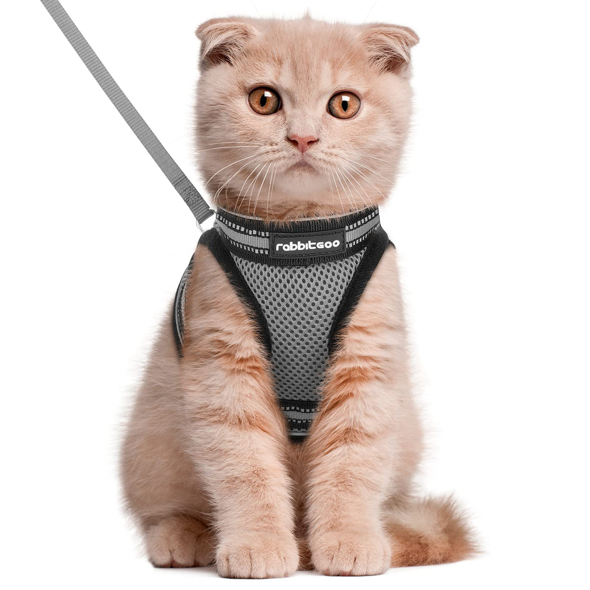 Rabbitgoo Cat Harness And Leash Set For Walking Escape Proof, Adjustable Soft Kittens Vest With Reflective Strip For Cats, Comfortable Outdoor Vest, Grey, L