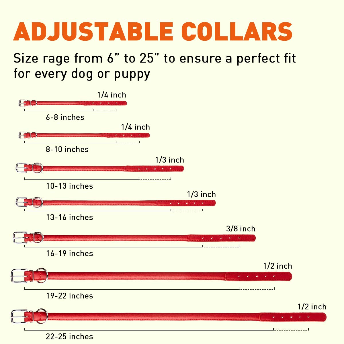 Dogline Rolled Leather Dog Collar - For Small, Medium And Large Breeds - Soft And Padded Round Luxury Design W1/2'' - L19-22, Re