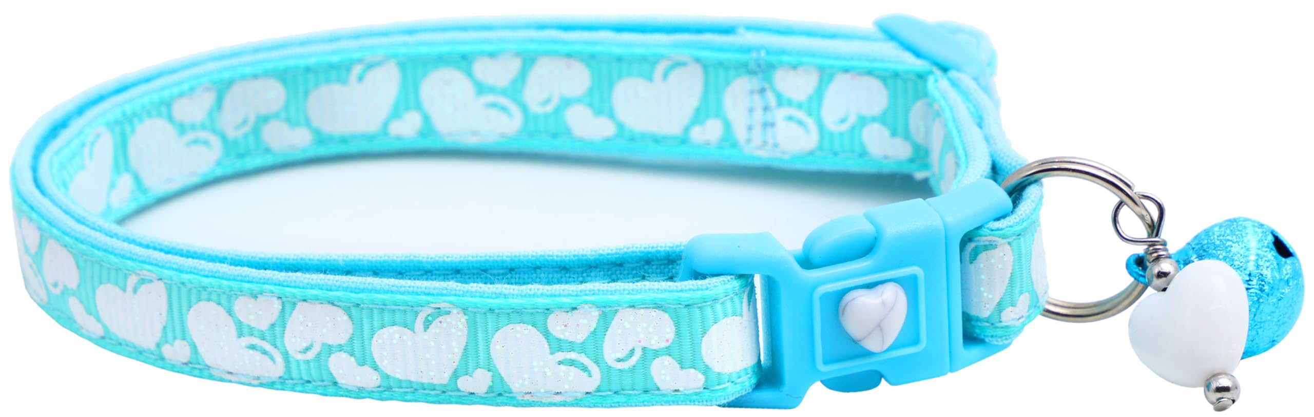 Valentines Day Cat Collar With Bell | Safety Breakaway Collar | Adjustable Large Size Or Kitten Collar (Puffy Hearts On Light Aq