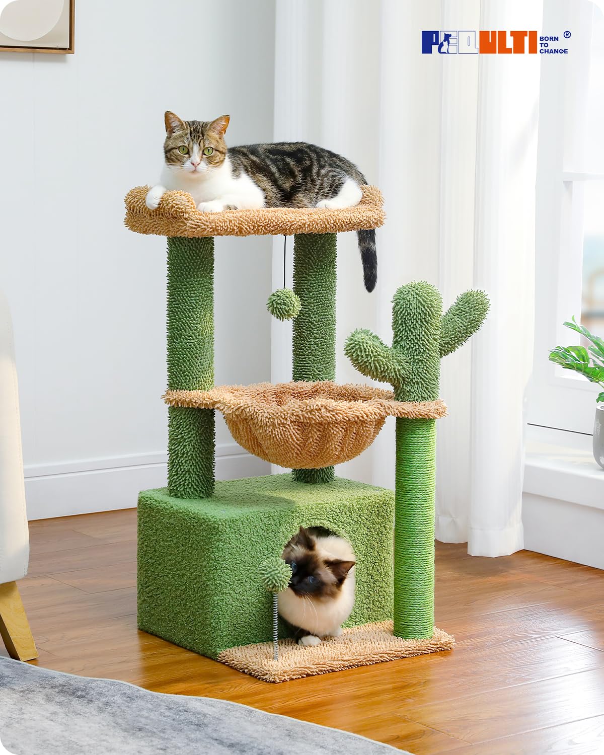 PEQULTI 4-in-1 Cactus Cat Tree, 33   Cat Tower for Indoor Cats with Large Condo, Cat Scratching Post for Cats with Deep Hammoc