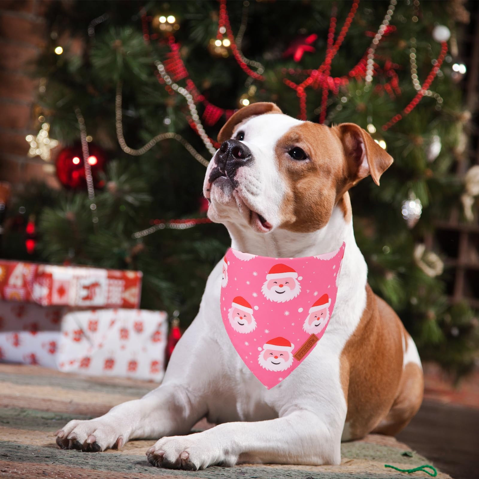 Ptdecor Christmas Dog Bandana,Xmas Pink Scarf Santa Deer Reversible Holiday Dog Scarf, Female Christmas Bandanas For Medium Larg