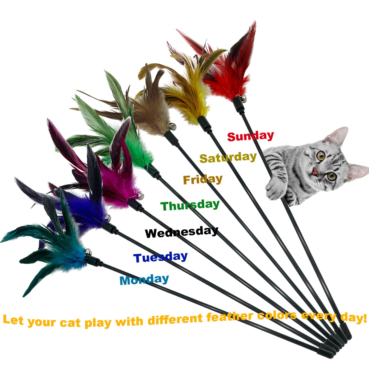 Cateness Cat Wand Toy Feather Stick Cat Toys, 7 Pieces Interactive Cat Toy Feathers Wand For Indoor Cats