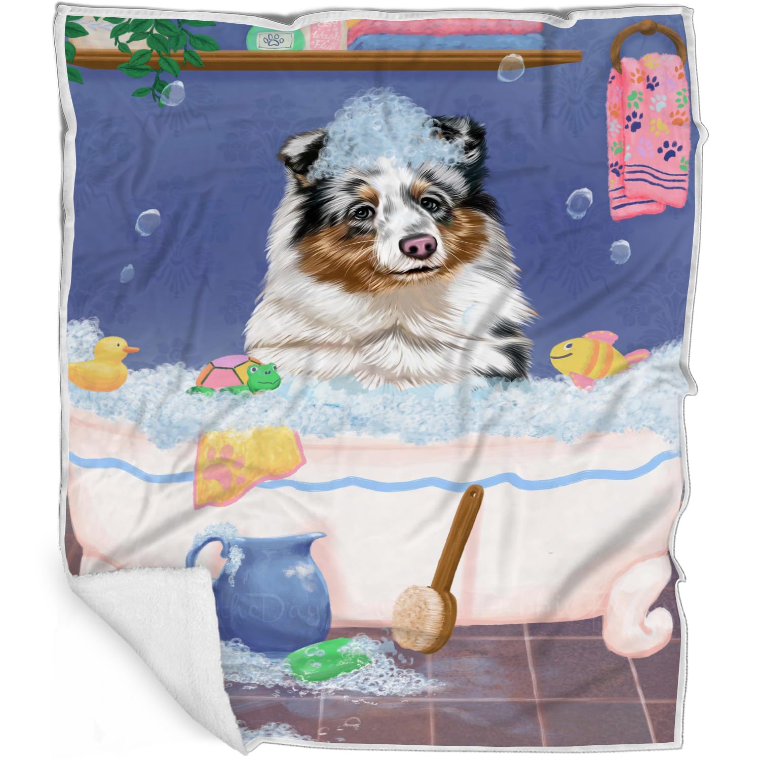 Rub A Dub Dog in A Tub Shetland Sheepdog Blanket  Lightweight Soft Cozy and Durable Bed Blanket  Animal Theme Fuzzy Blanket fo