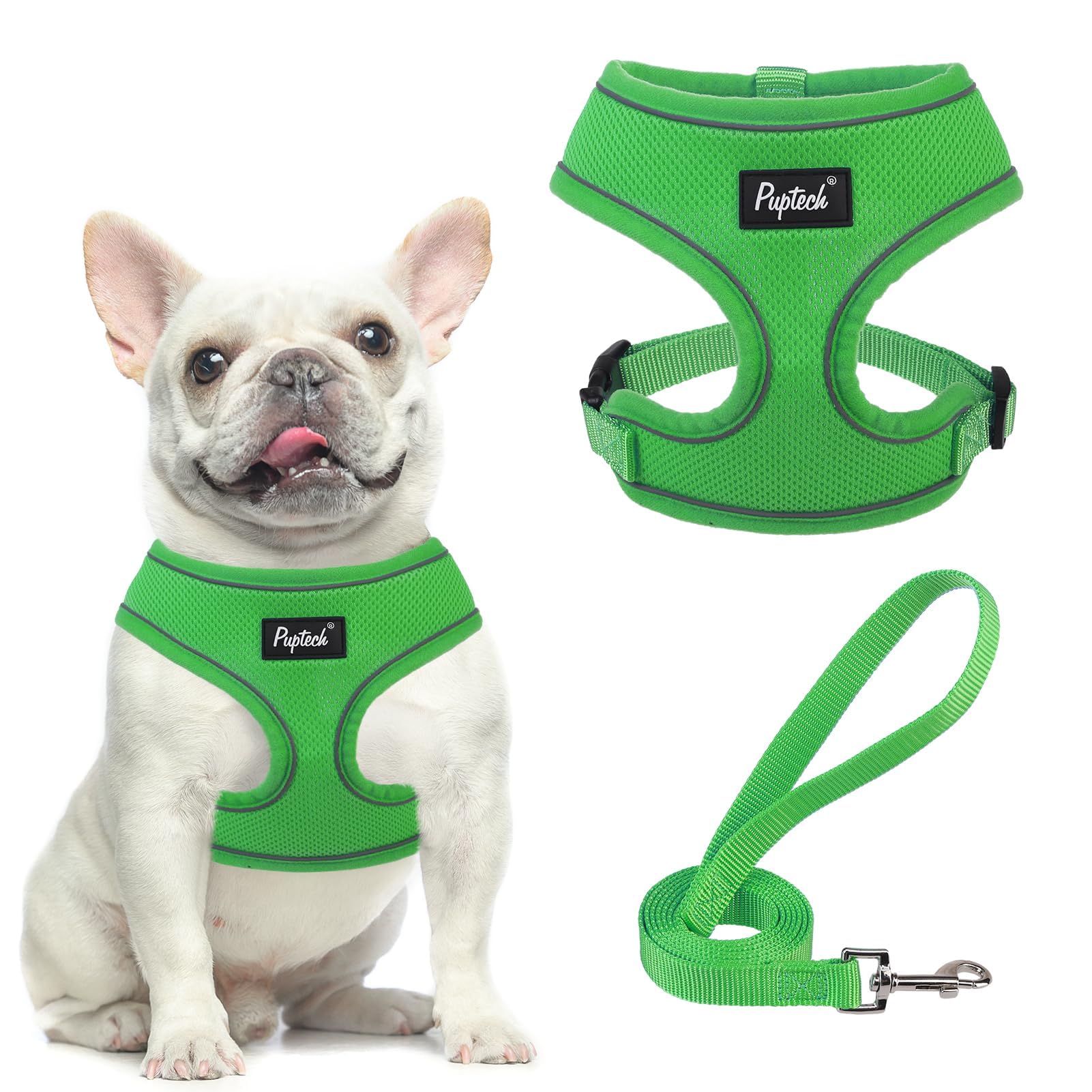 Pupteck Soft Mesh Dog Harness And Leash Set Pet Puppy Cat Comfort Padded Vest No Pull Harnesses, Solid Green, S