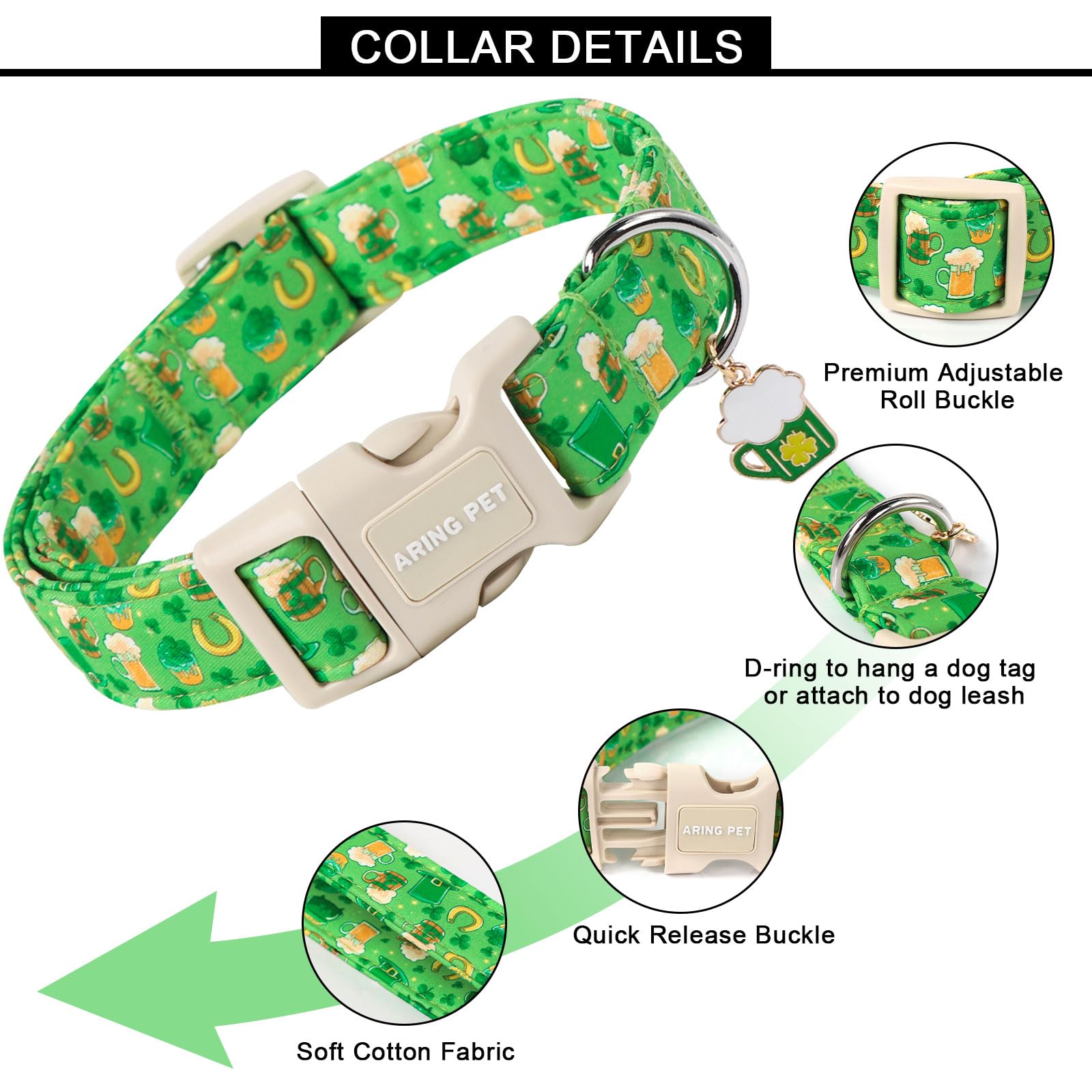 Aring Pet St Patrick'S Day Dog Collar-Green Lucky Clovers Dog Collars, Adjustable Shamrock Pet Collars Trefoil Puppy Collar Gift