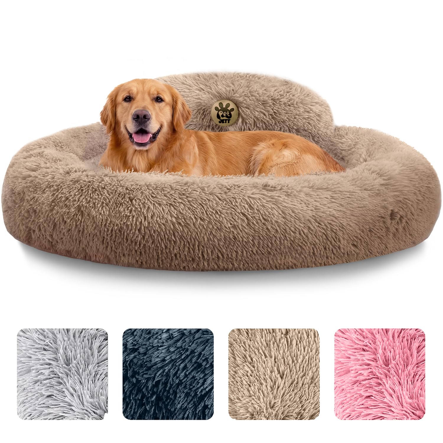 PetJett Calming Large Dog Bed - 36 Donut Dog Beds, Anti-Slip & Washable Large Round Bed, Fluffy Faux Fur Pet Bed, Super Soft A