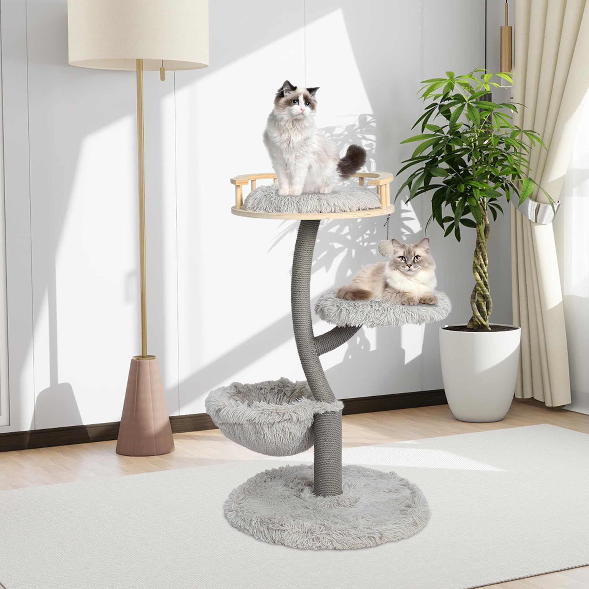 Kamaboko Modern Cat Tree With Scratching Post For Large Cats, 41.7 Cat Tree Tower With Luxury Cat Condo, Cat Tower With Soft P