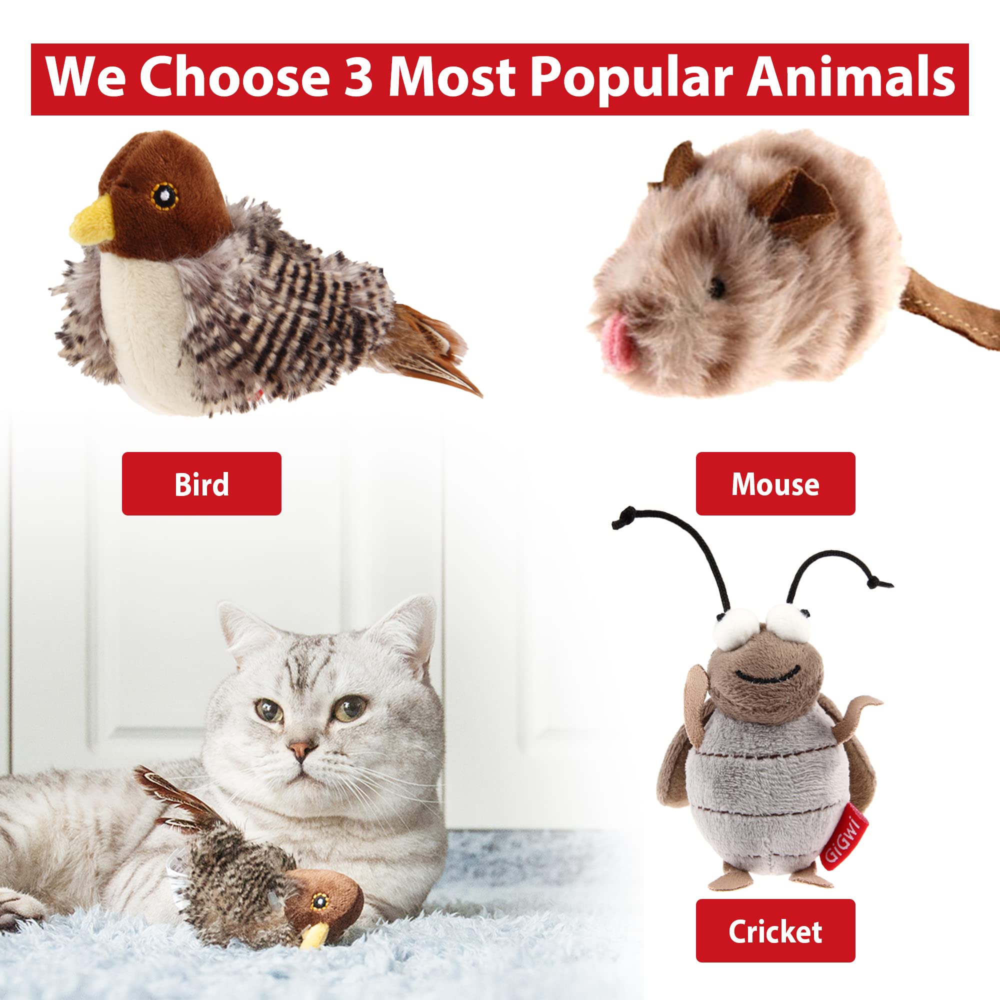 Gigwi Automatic Cat Toys Pack, Interactive Cat Toys Electronic Squeaky Animals Bird / Cricket / Mouse Sounds, Plush Toys For Cat