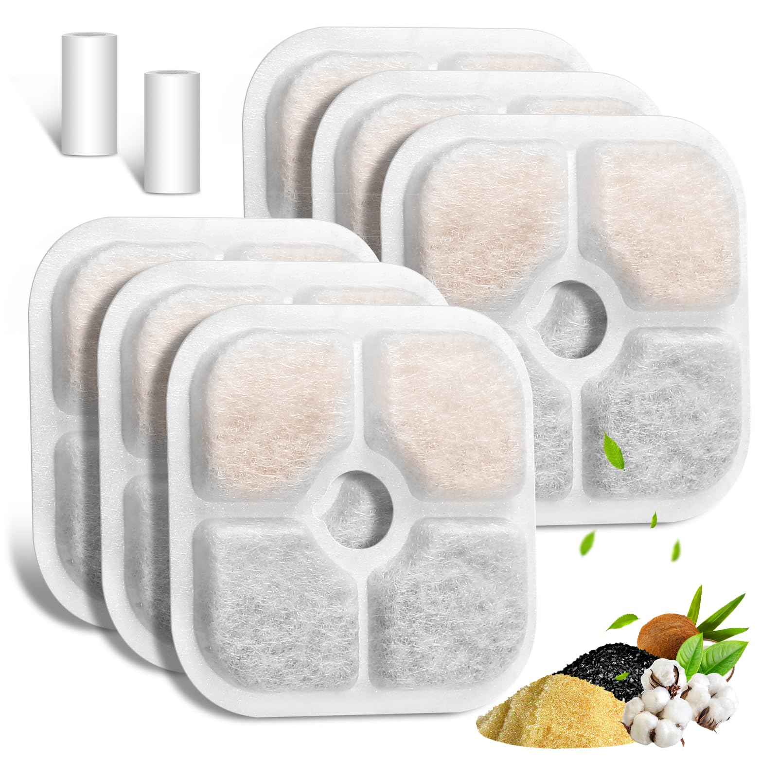 Cat Water Fountain Filter, 6-Pack Pet Fountain Filter Replacement Compatible With Cat Drinking Fountain, Replacement Triple Action Water Filter Activated Carbon Filter, 2 Hoses