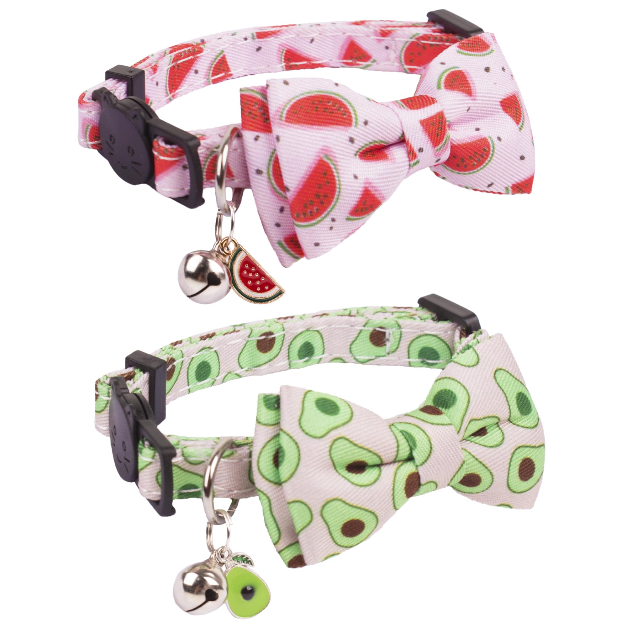 Adoggygo Cat Collar Breakaway With Cute Bow Tie Bell - 2 Pack Watermelon Avocado Pet Collars With Removable Bowtie Fruit Bowtie