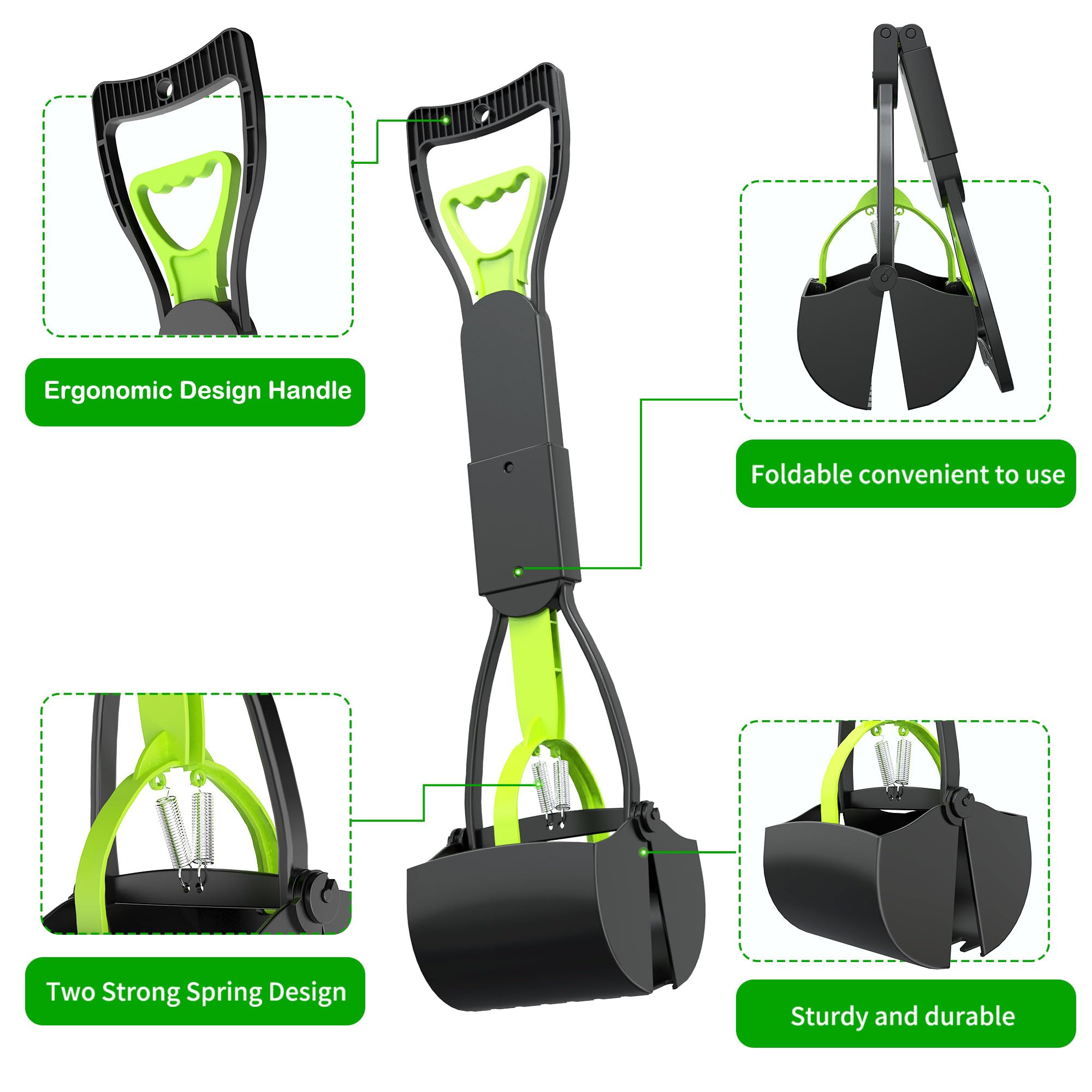 Kusmil Pooper Scooper, Foldable Dog Poop Waste Pick Up Shovel With Long Handle High Strength Material And Spring (Green