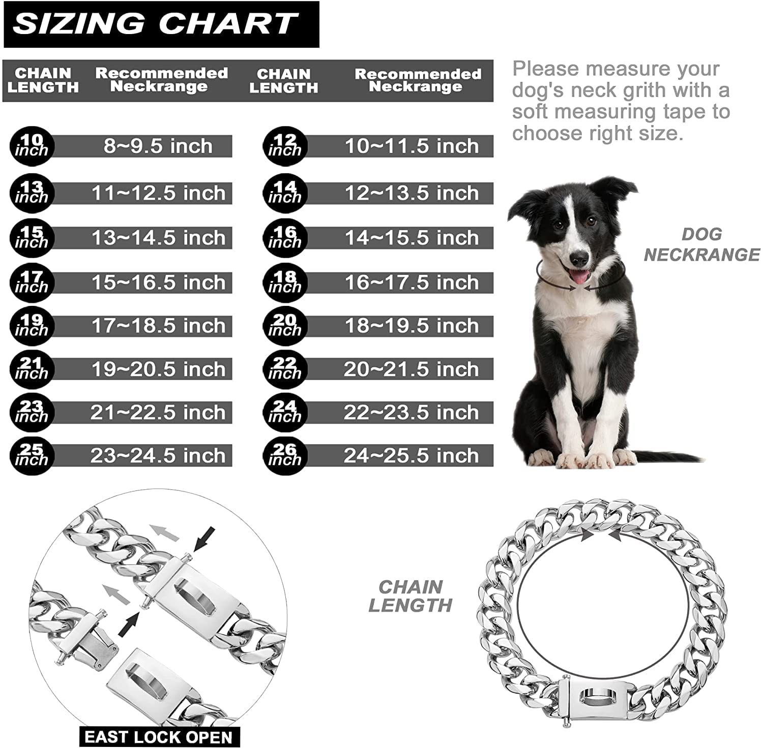 W/W Lifetime Dog Chain Collar Walking Metal Collar with Design Secure Buckle Cuban Link Strong Heavy Duty Chew Proof for Medium
