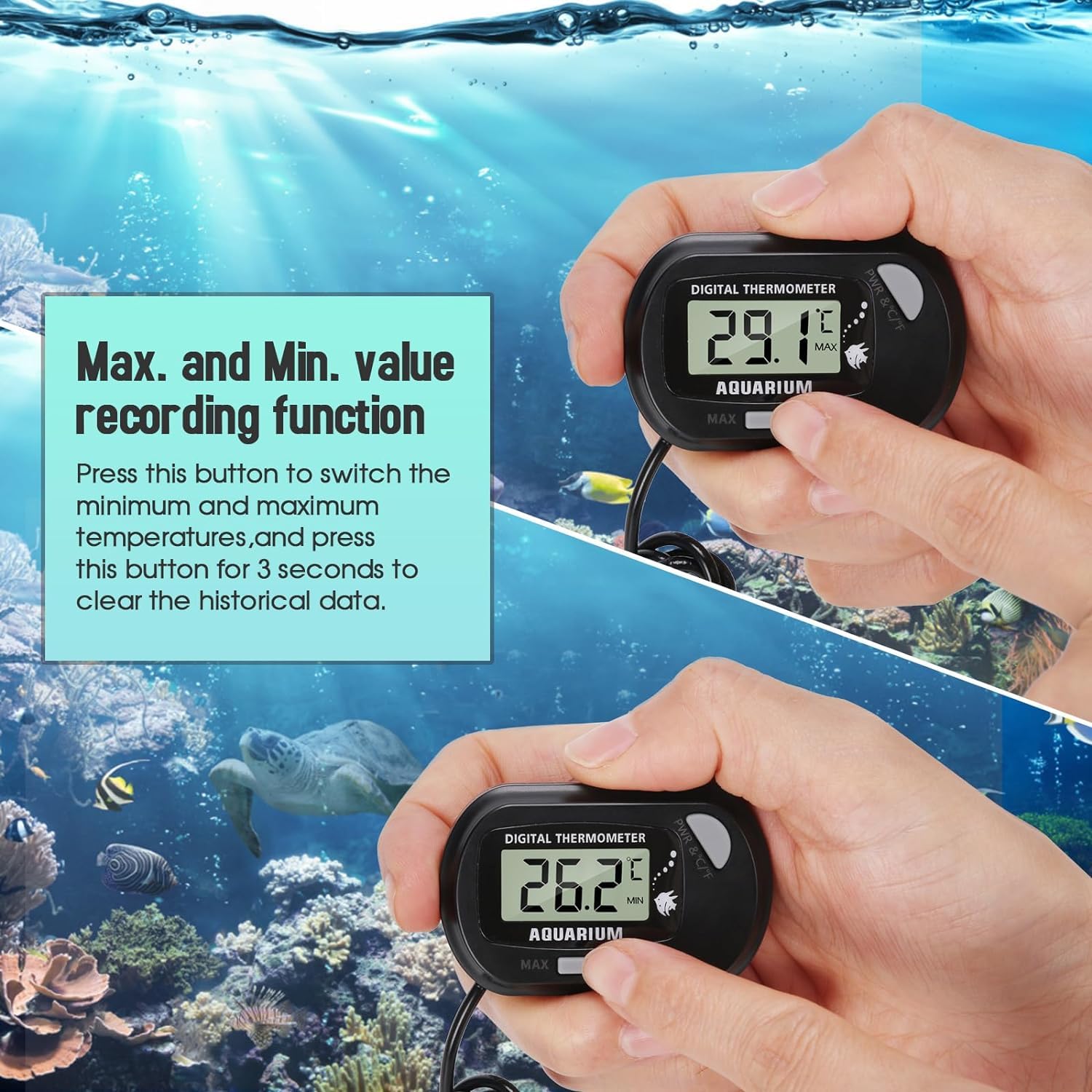 Thlevel Lcd Digital Aquarium Thermometer, Fish Tank Thermometer With Water-Resistant Sensor Probe And Suction Cup For Reptile, T
