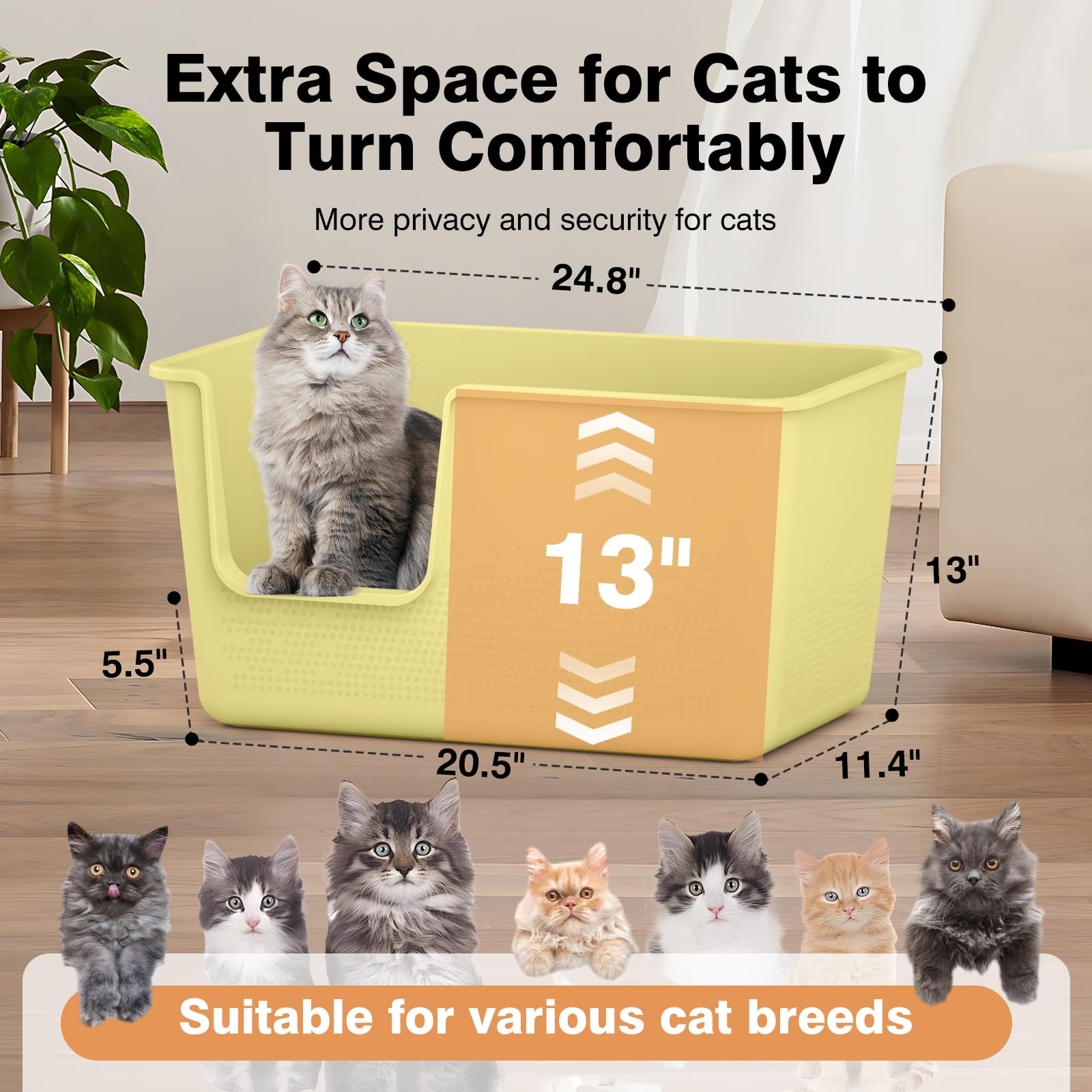High Sided Extra Large Cat Litter Box - 24.8'' L X 11.4'' W X 13.0'' H, Xl Jumbo Kitty Litter Box For Big Cats, Tool-Free Assemb