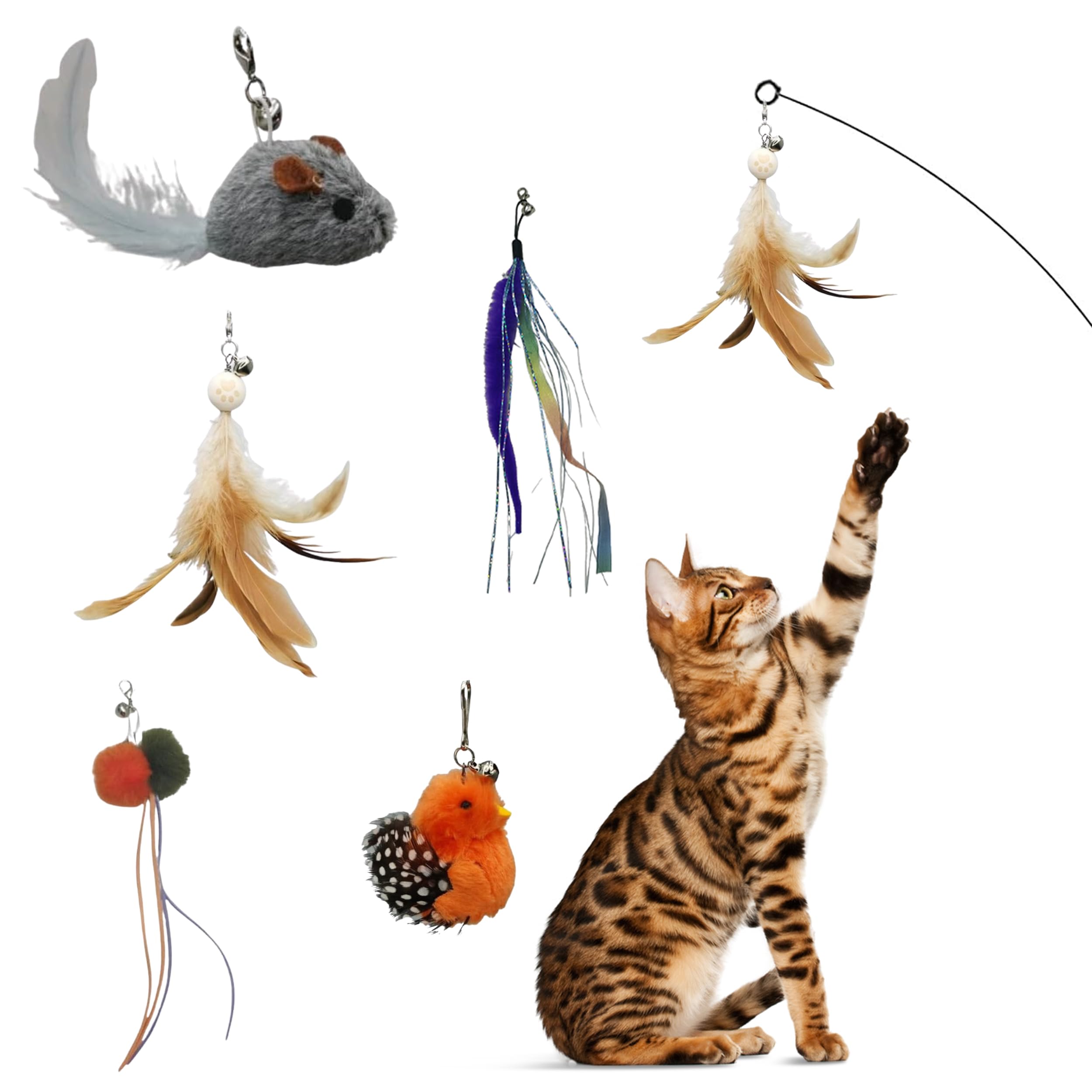 Cutie Paw Pal Interactive Play Set - Set Of 5 Replacement Toys: Mouse, Duck, Feathers, Balls & Worm Heads - Engaging Cat Toys Wi