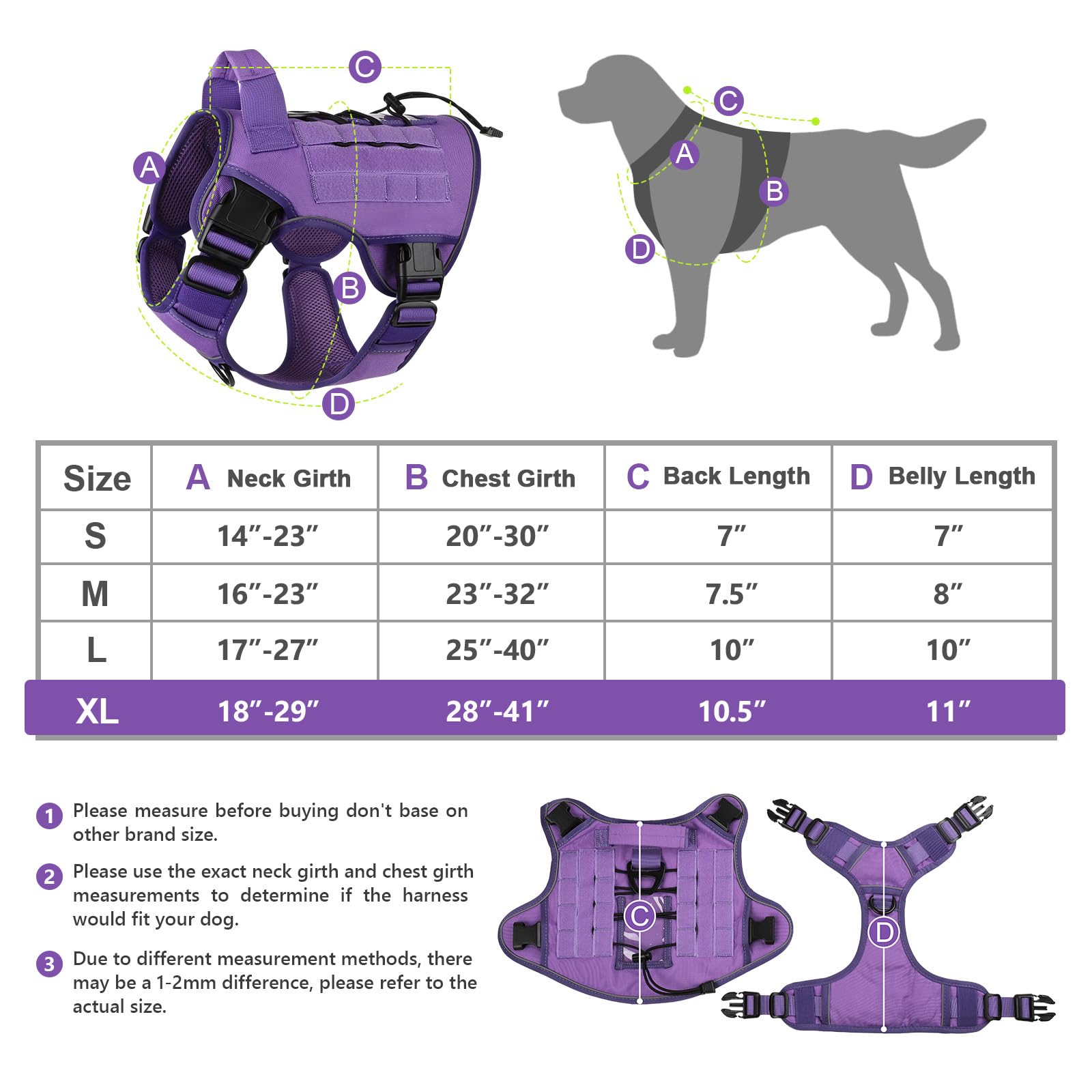Wingoin Purple Harness With Handle Tactical Dog Harness For Large Dogs No Pull Adjustable Reflective K9 Military Dog Vest Harnesses For Walking, Hiking, Training(Xl)