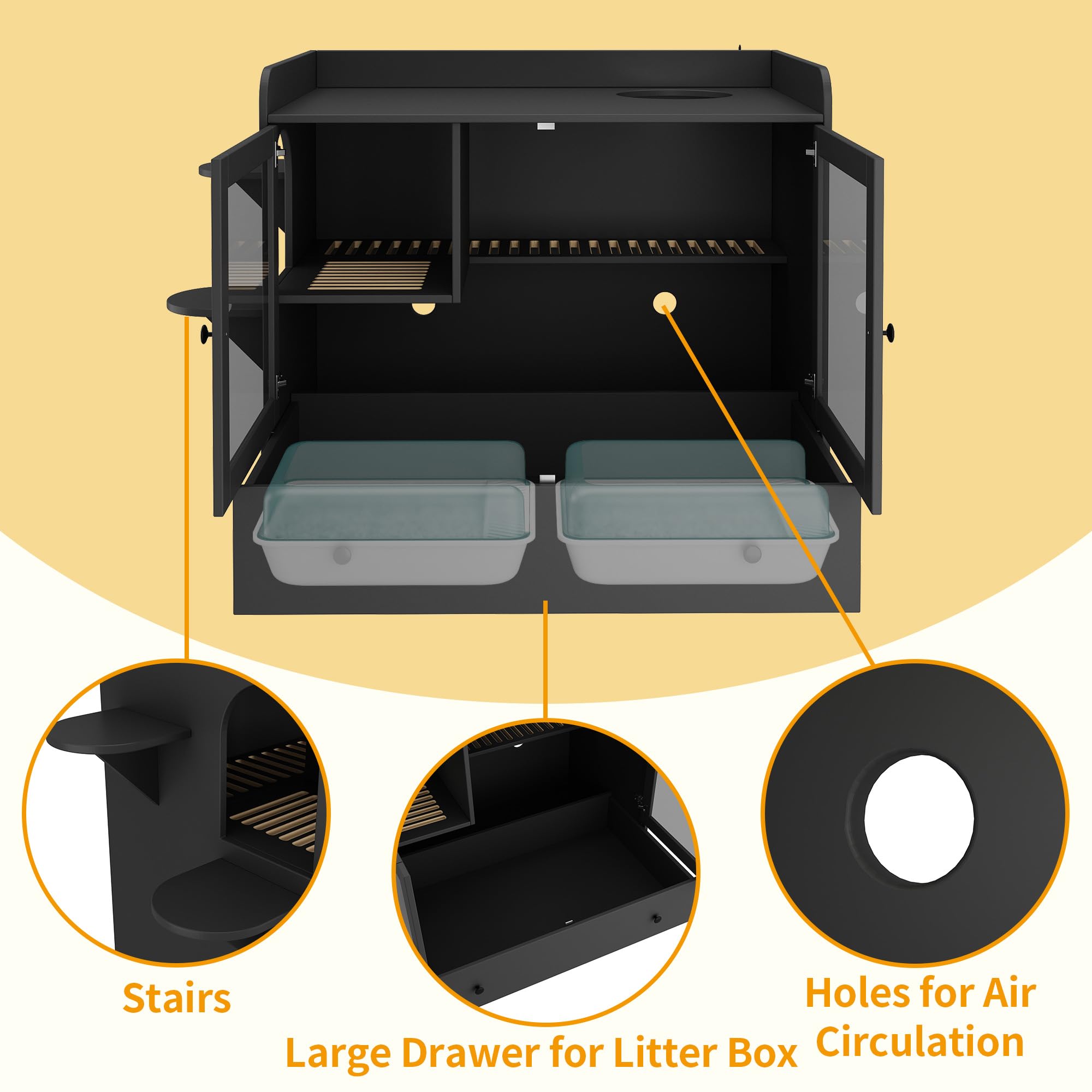 Dawnspaces Extra Large Cat Litter Box Enclosure Furniture Hidden, Cat Condo Cabinet Pet House With Stairs For 2, Nightstand Side