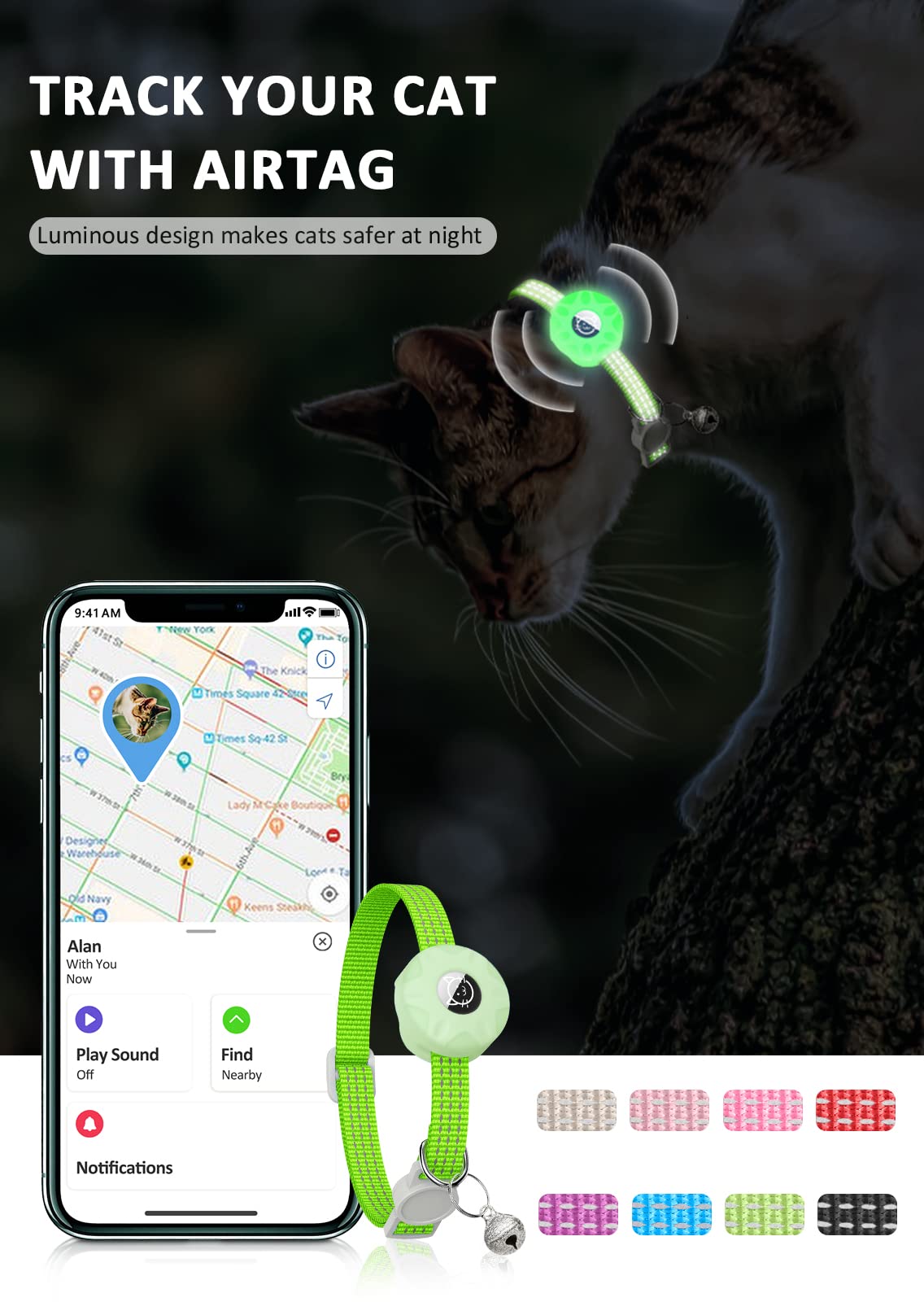 Airtag Cat Collar, Reflective Kitten Collar Breakaway Apple Air Tag Cat Collar, Gps Cat Collar With Airtag Holder And Bell, Lightweight Tracker Cat Collars For Girl Boy Cats Puppies (Luminous Green)