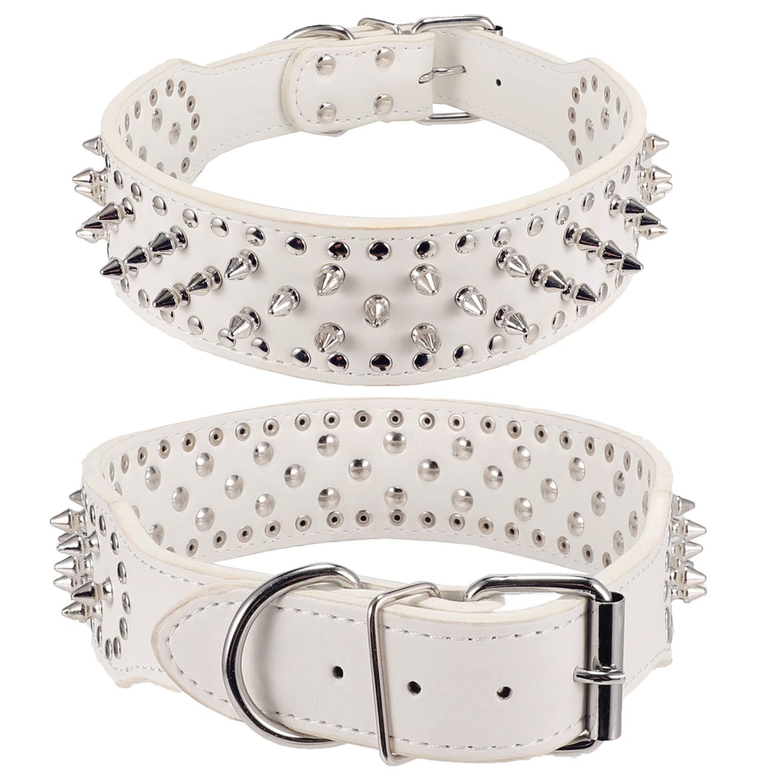 Btdcfy Hoot Pu Leather Adjustable Spiked Studded Dog Collar 2'' Wide 31 Spikes 52 Studs (M(Neck 19''-22''), White)