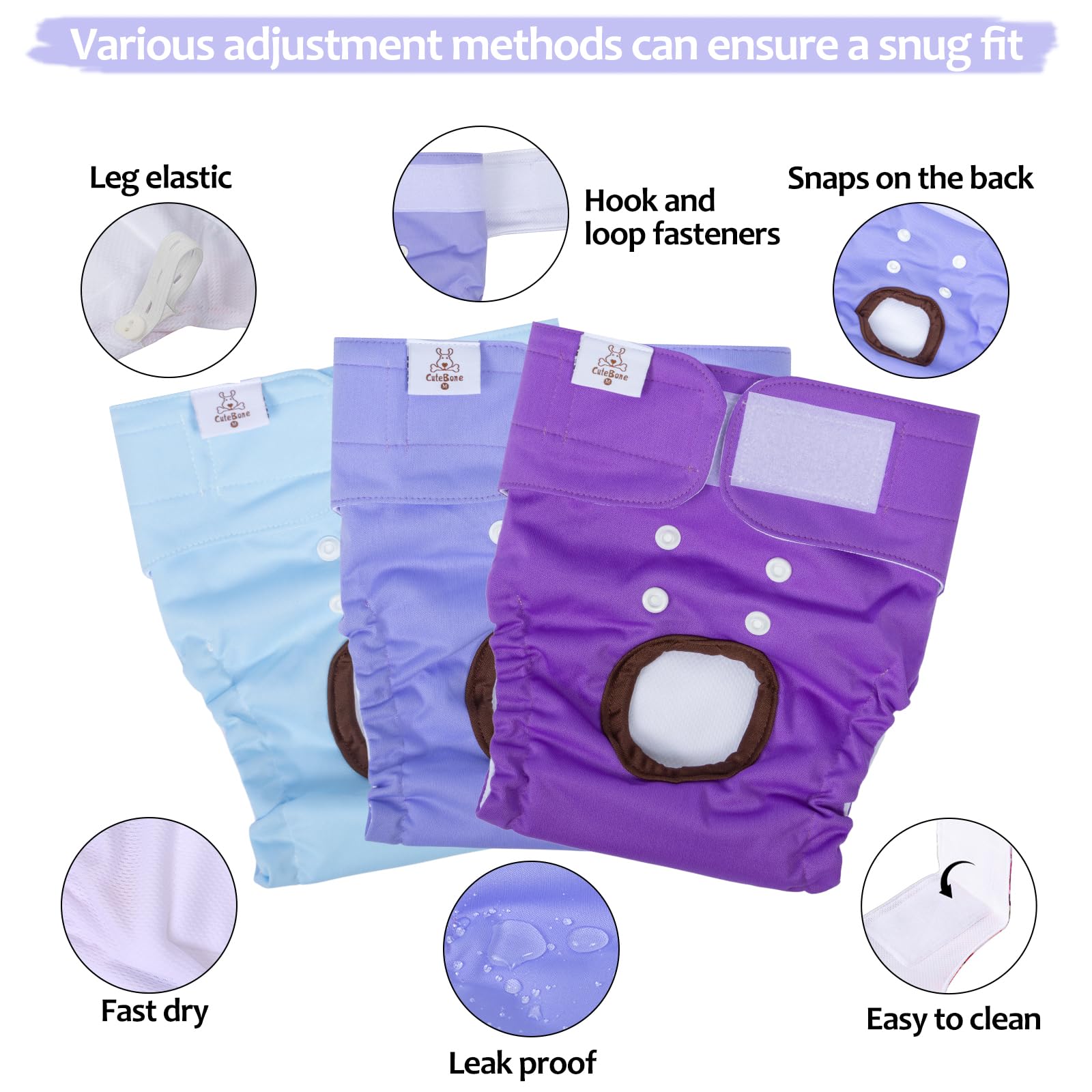 Cutebone Dog Diapers Female 3 Pack Reusable Doggy Diapers With One Suspender For Small Medium Large Dog Period Bdd01M