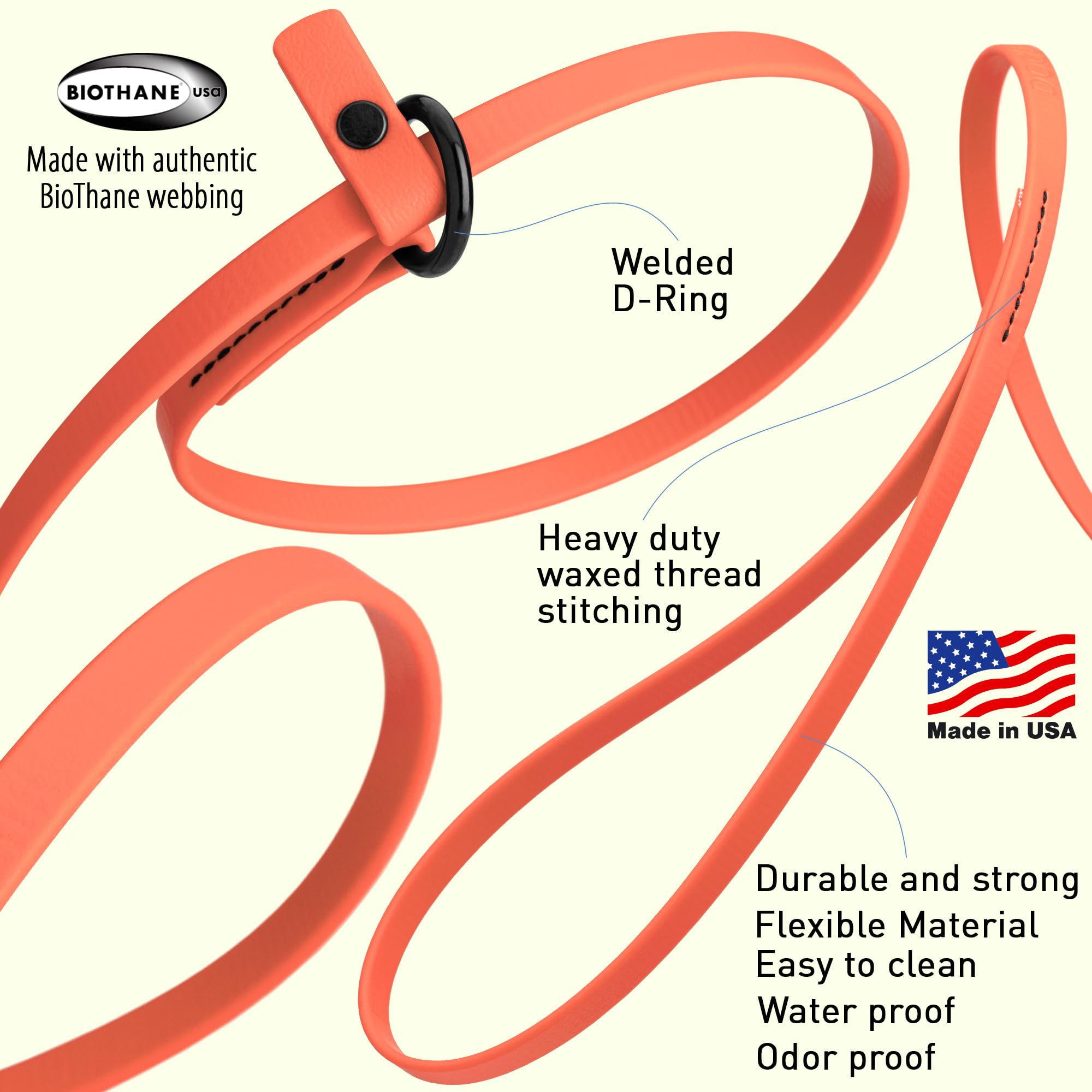 Dogline Biothane Slip Dog Leash - For Small, Medium And Large Dogs - Odor Free Slip Lead, Heavy Duty And Durable Material Kennel Lead - Coral - 7Ft L X 1/2In W