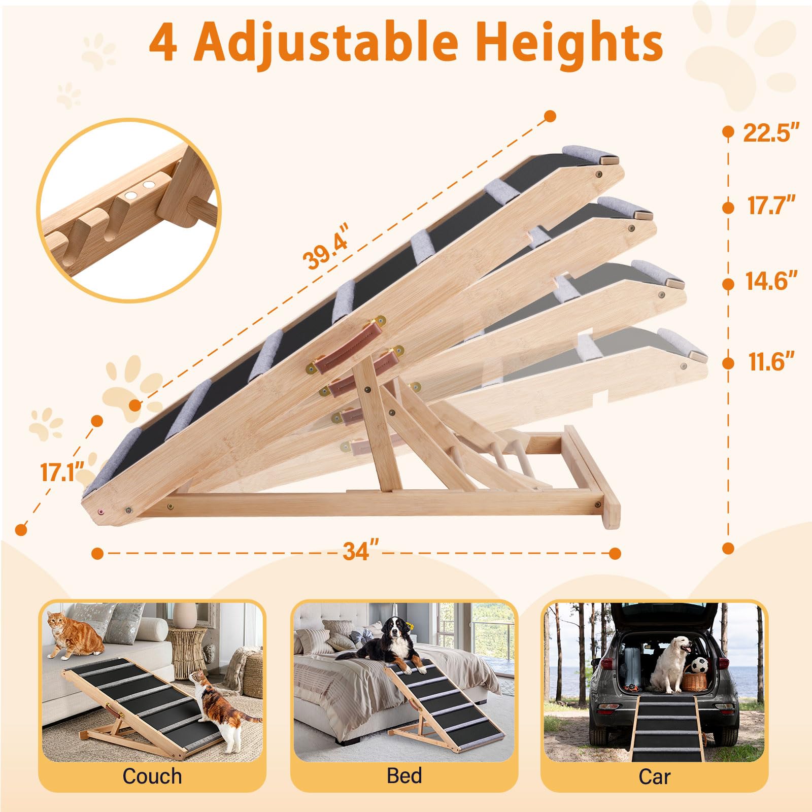 Dog Ramp for Bed - Extra Wide - Excellent Traction, Pet Ramp for Small Large Dogs to Get on Couch Car, Non-Slip Rubber Surface,