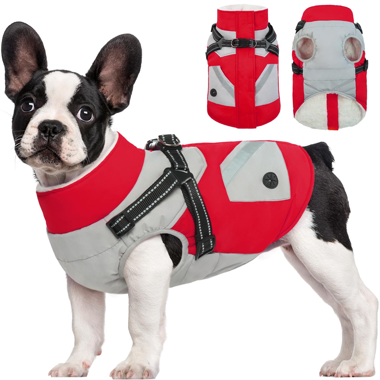Fuamey Jacket With Built-In Harness - Waterproof Winter Coat For Dogs - Zipper On Back, Snowsuit Pet Clothes, Poop Bag Pockets, 