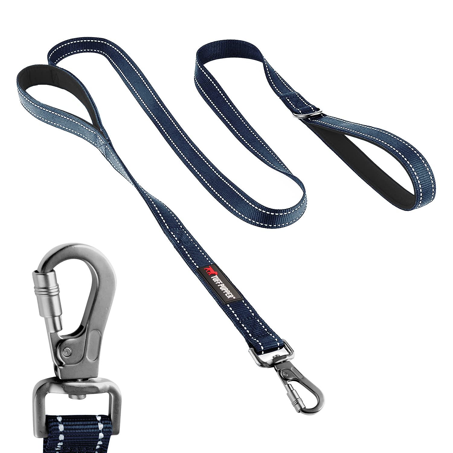 Tuff Pupper Heavy Duty Double Handle Dog Leash | Twist Locking Carabiner Dog Clip | Safety Lock Leash To Hold Strong Dogs | Reflective For Safe Night Walks | 6 Foot Dog Leash | For Medium & Large Dogs