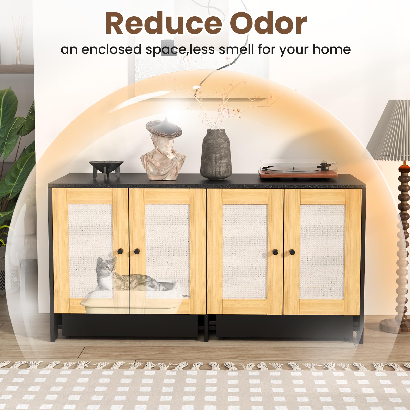 Yafylly Litter Box Enclosure For 2 Cats, Double Cat Box Enclosure Furniture, Cat Litter Cabinet With Storage And Scratching Boar