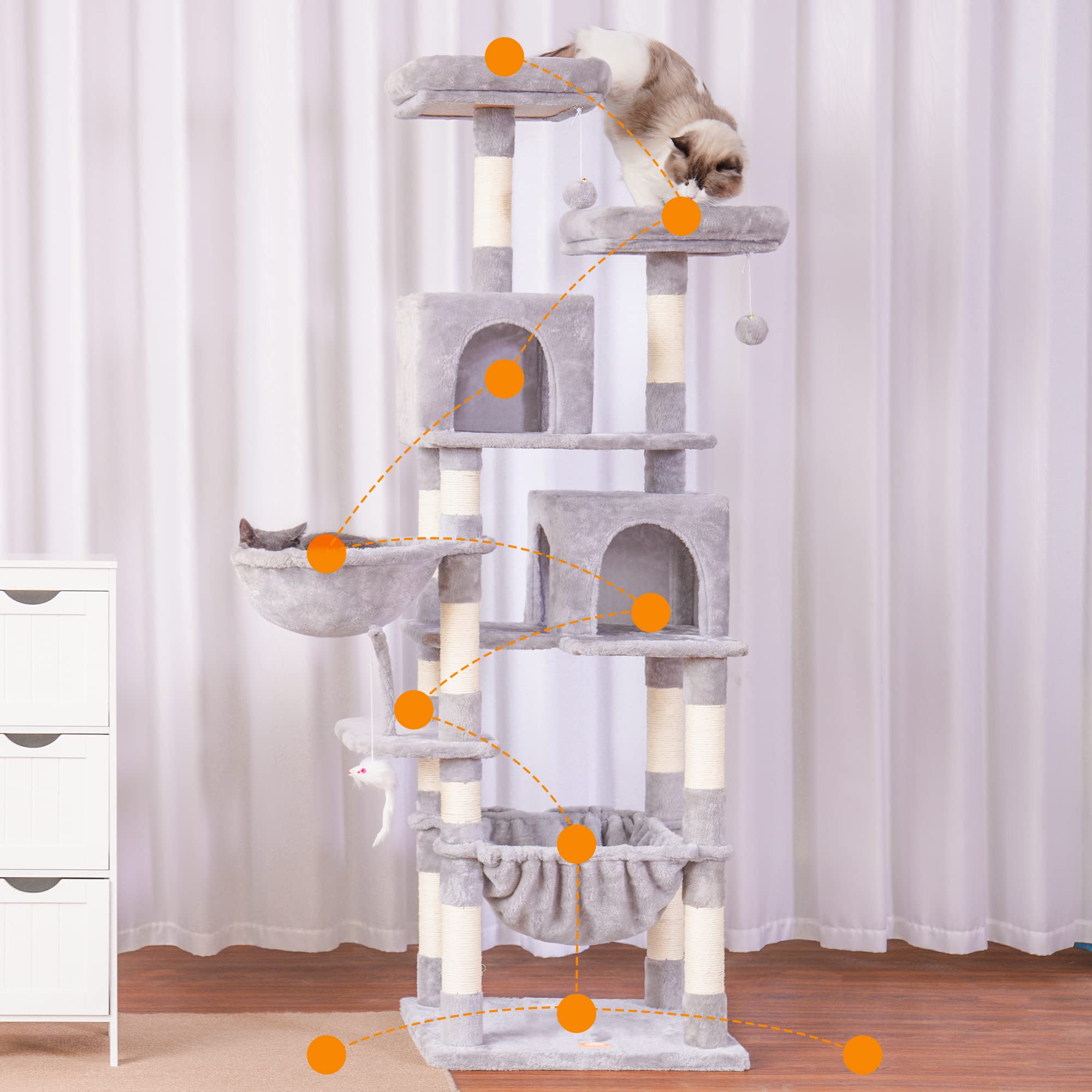 Heybly Cat Tree, 70 Inches Tall Cat Tower Condo With Toy For Indoor Large Cats, Cat House Furniture With Padded Plush Perch, Coz
