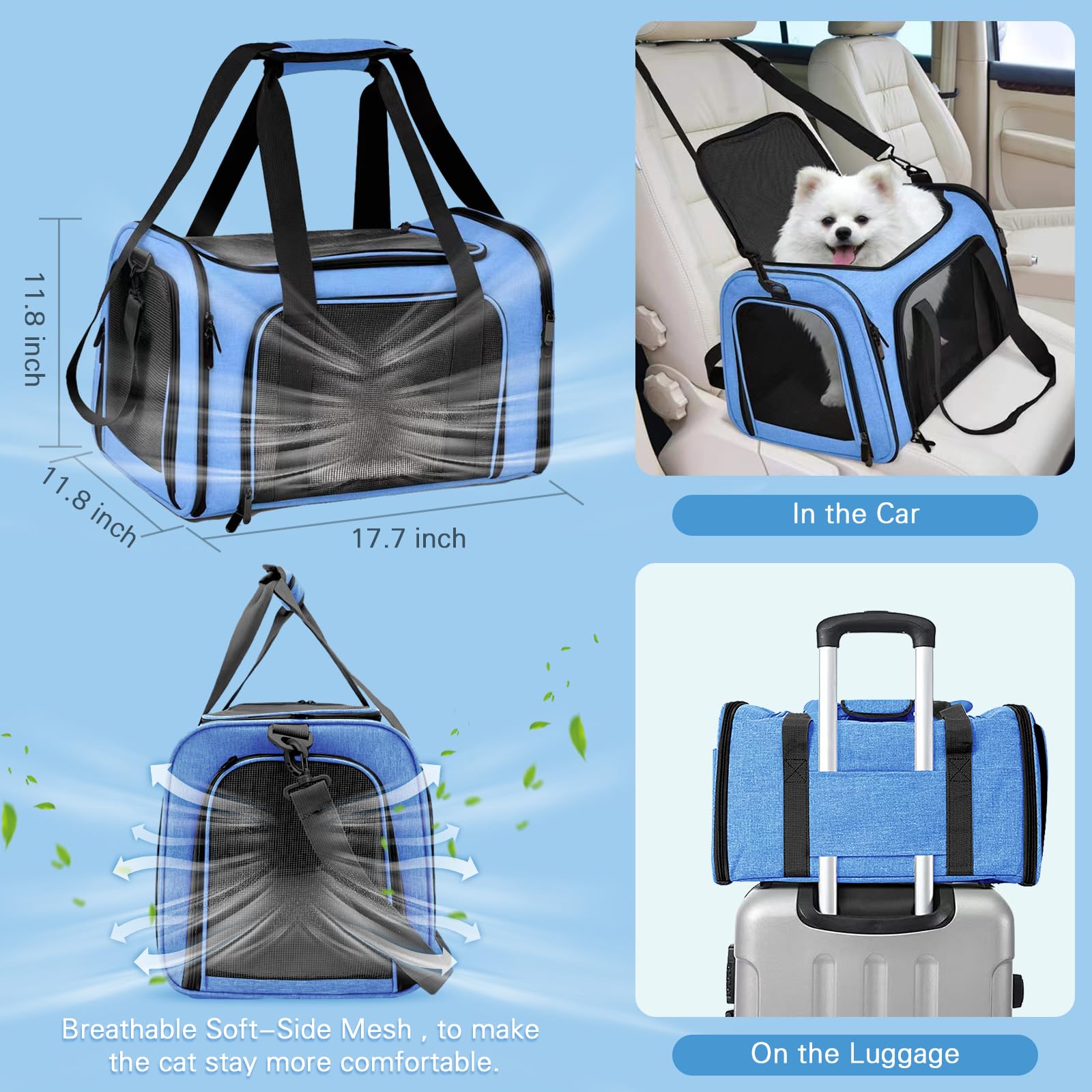 Cat Carrier Soft-Sided & Foldable Cat Travel Litter Box, Fit for Pet Up to 20Lbs, 17.7 * 11.8 * 11.8 inches Cat Bag for Traveli