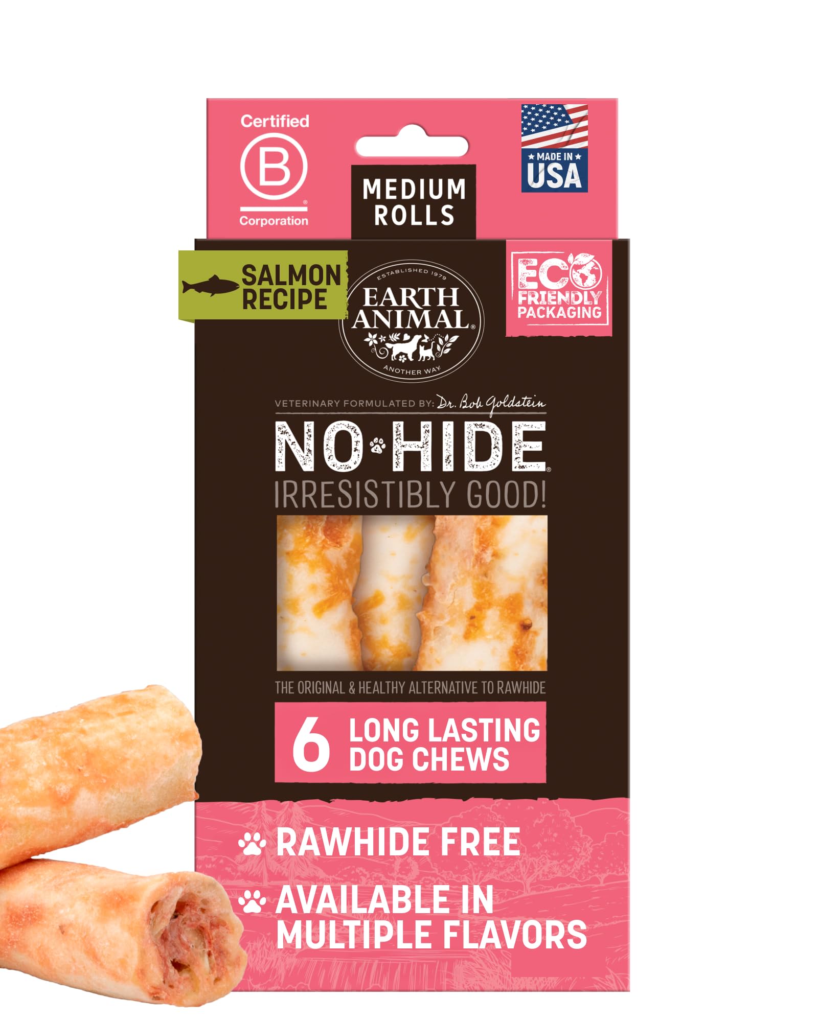 Earth Animal No Hide Medium Salmon Flavored Natural Rawhide Free Dog Chews Long Lasting Chew Sticks | Treats for Large Dogs | Gr