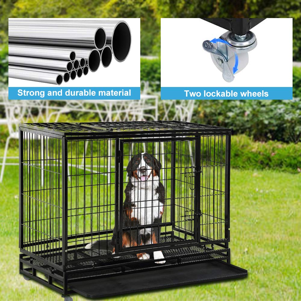 Dog Cage Crate Heavy Duty Sturdy Metal 48/42/36' Large Pet Dog Kennel Fence For Training, Indoor And Outdoor Dog Fence With Lockable Wheels And Plastic Tray And Double Door And Lock Design,Black