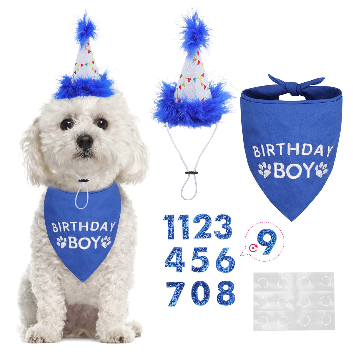 Dog Birthday Hat Bandana Set - Soft Birthday Boy Triangle Scarf And Number Hat, Cute Birthday Party Supplies With 0-8 Figures