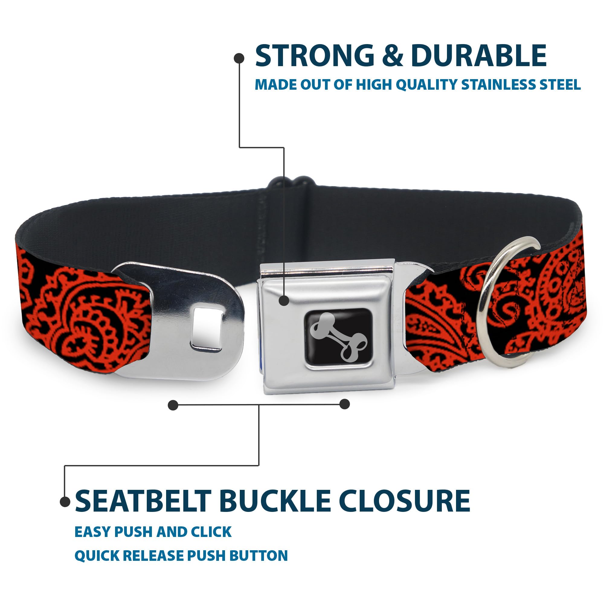 Buckle-Down Dog Collar Seatbelt Buckle Bandana Skulls Black Orange, Multicolor, 1' Wide - Fits 9-15' Neck - Small (Dc-W32816-S