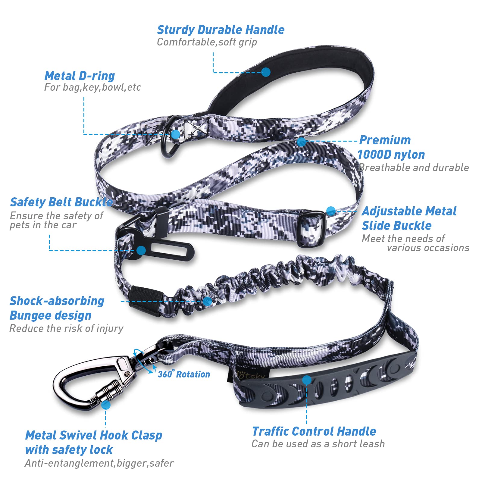 Hotsky Dog Leash, 4Ft 6Ft Adjustable Heavy Duty Dog Leash With Car Seat Belt And Double Handle For Medium Large Dogs, 4-In-1 Multifunctional Shock Absorbing Strong Dog Lead For Dogs Training, Walking