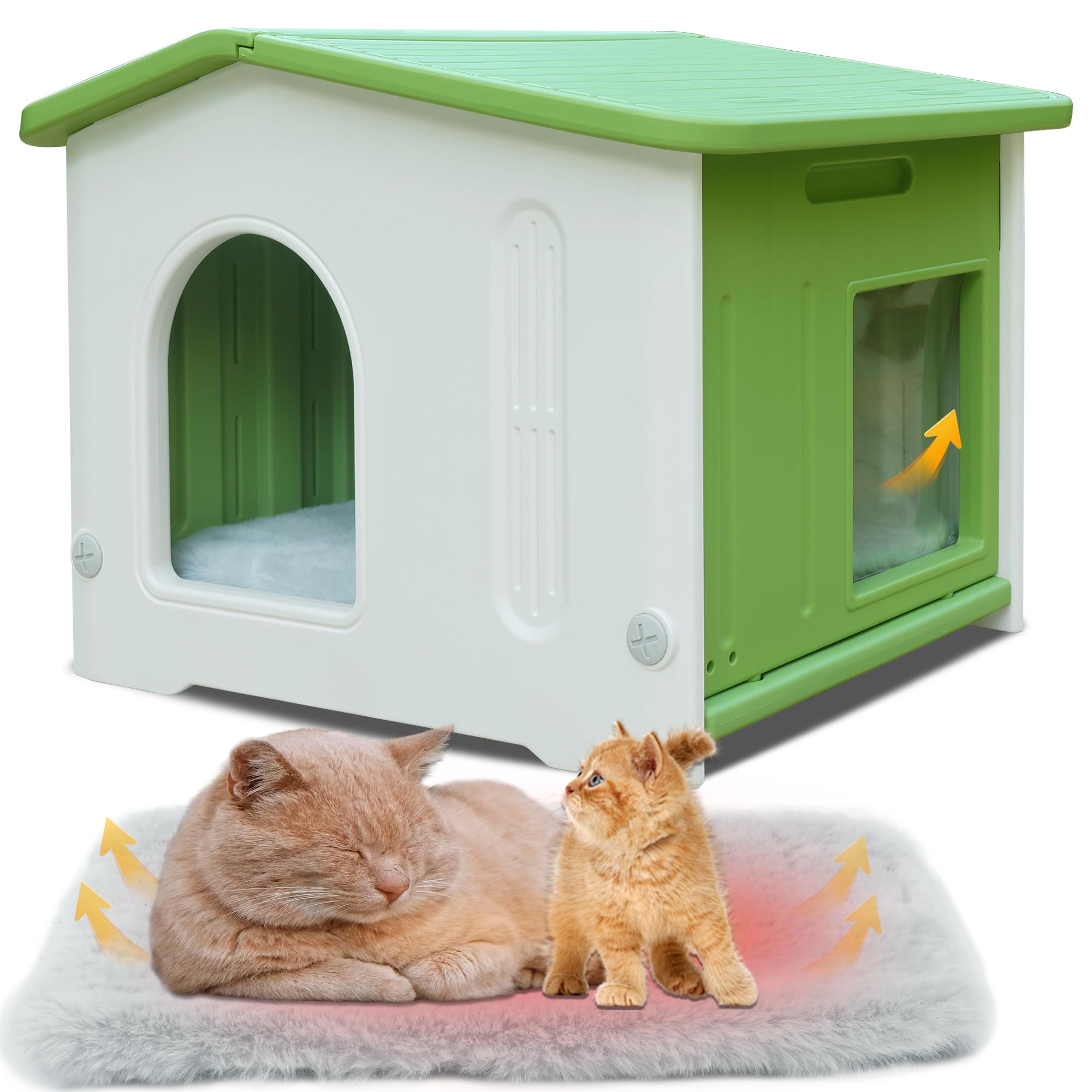 Outdoor Cat House With Escape Door,Feral Cat House With Selfwarming Mat Outdoor Cat House Watwerproof Large Cat House For 1-2 Ca