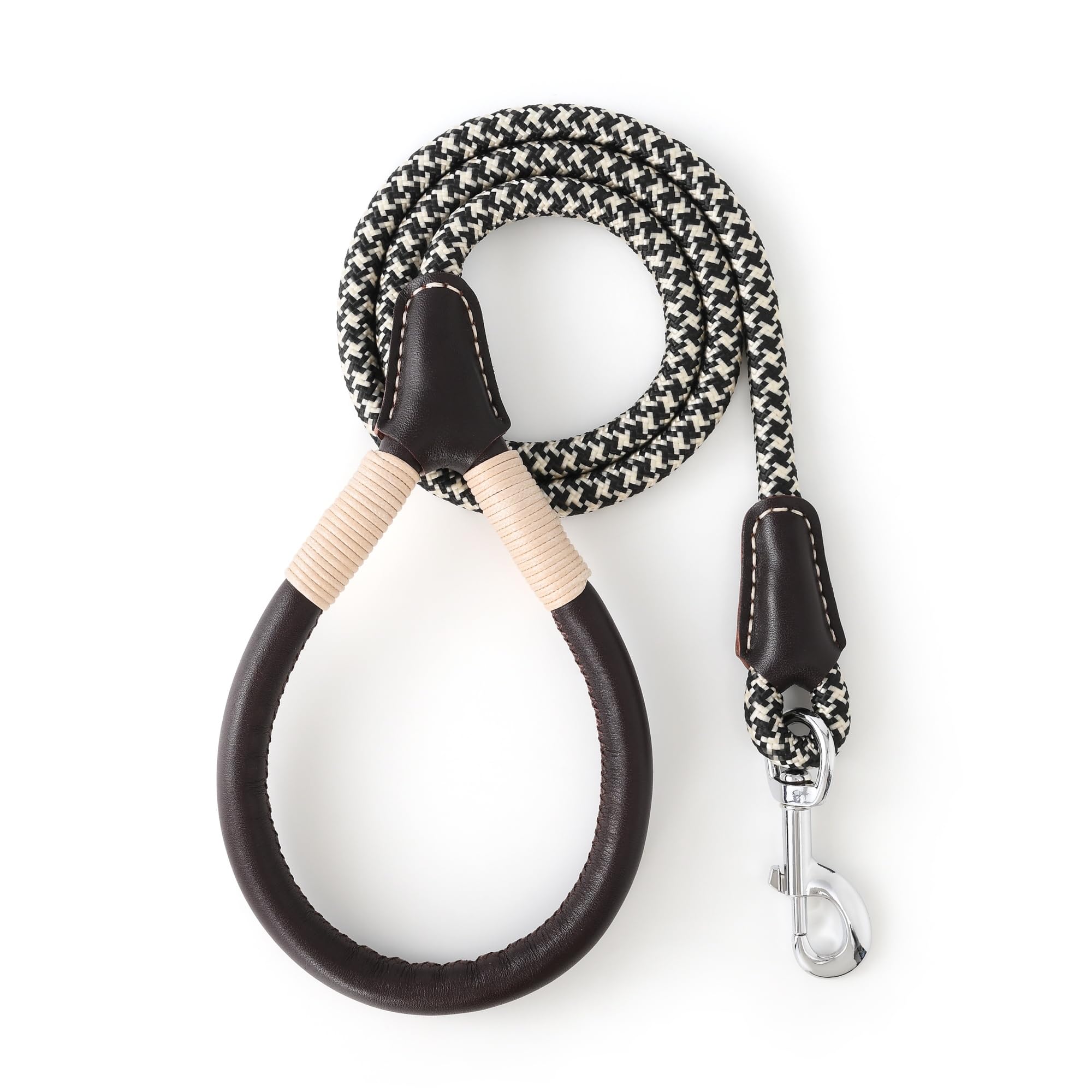 Mile High Life Genuine Leather Wrapped Handle Dog Leash, W Heavy Duty Clasp Rope Leash For Small Medium Large Dogs (Black Khaki,