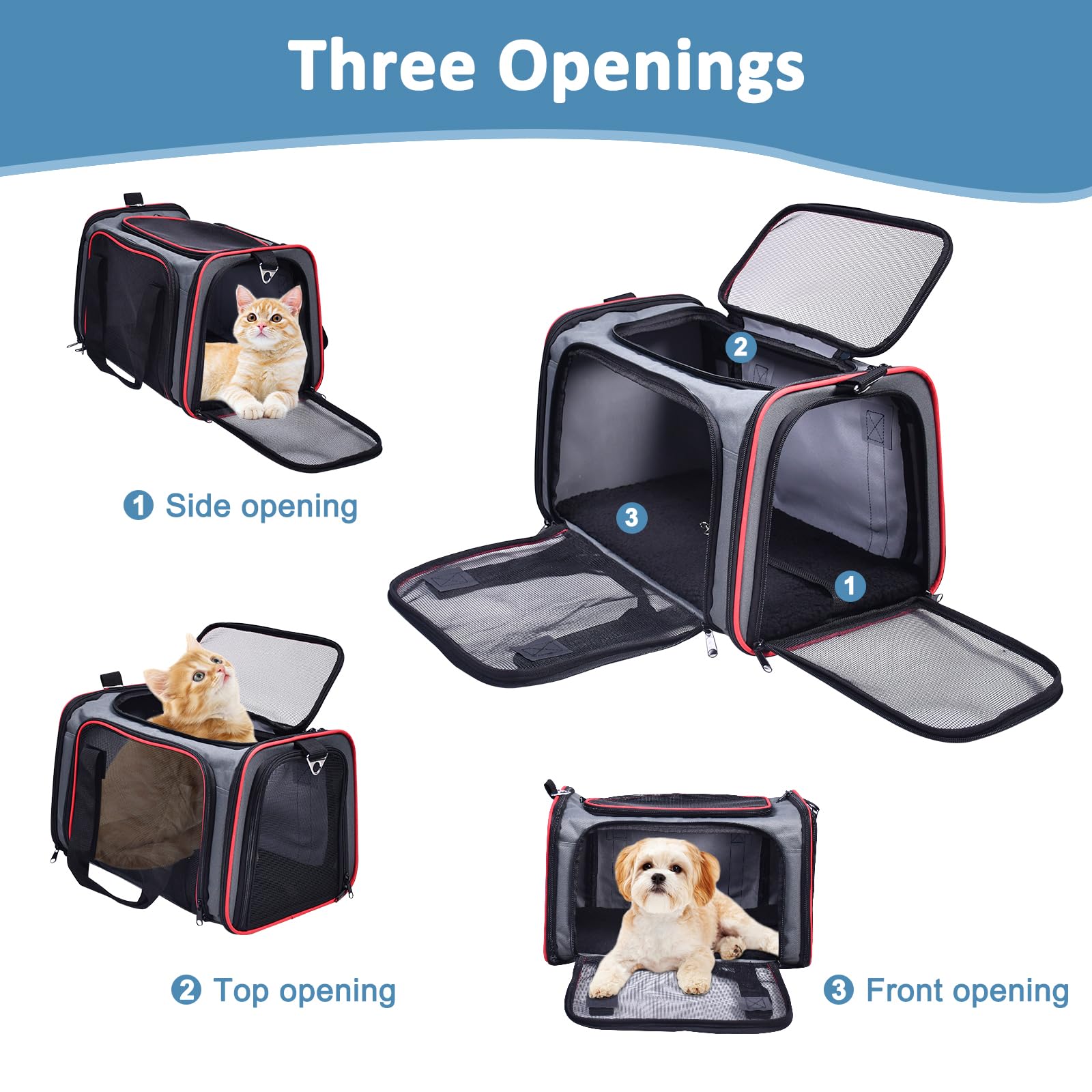 GOOPAWS Soft-Sided Kennel Pet Carrier for Small Dogs & Cats, Medium 17"x10"x11.5", Grey/Red, Airline Approved, Nylon, Model PTC