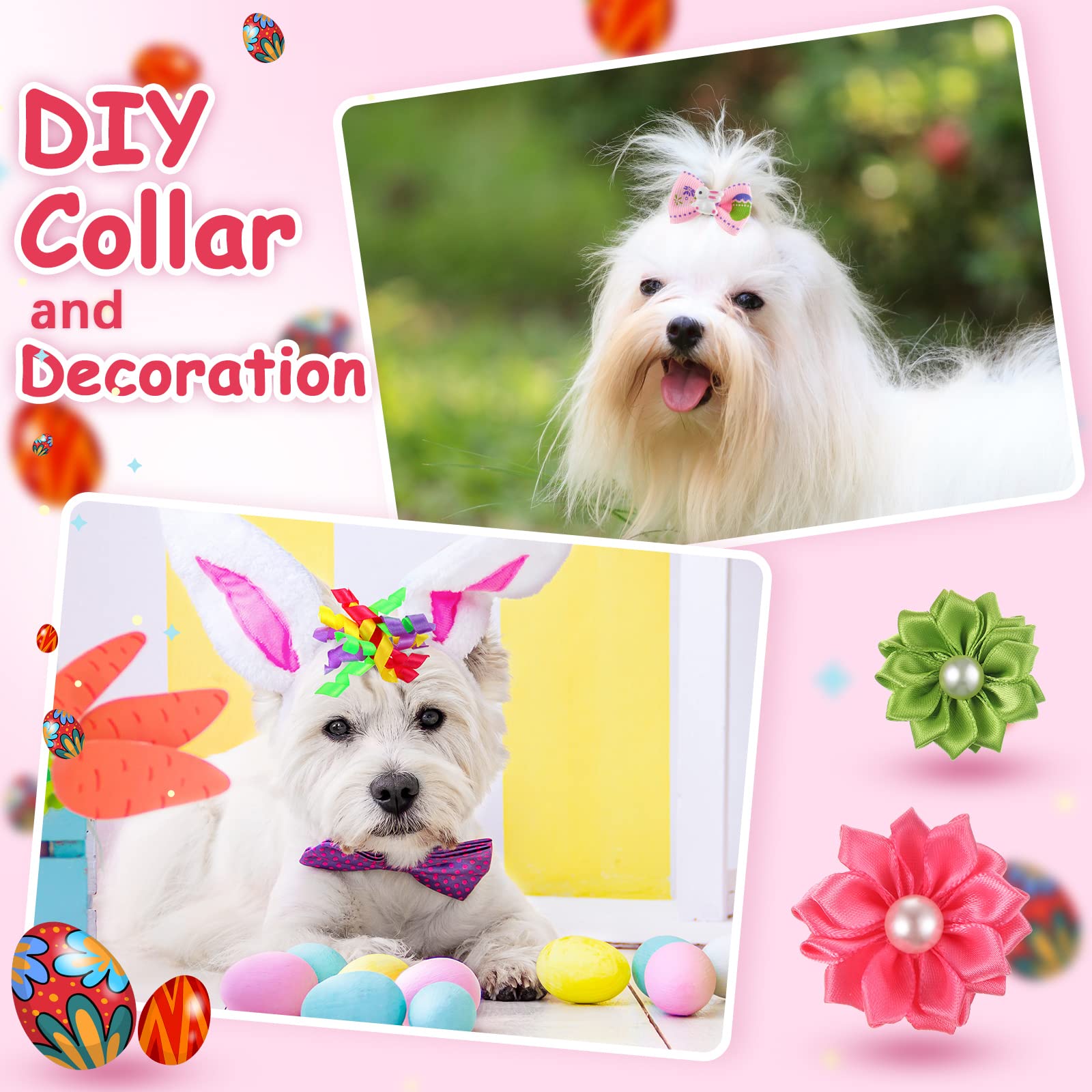 Mtlee 50 Pcs Easter Dog Bows Dog Hair Bows Grooming Bows Cute Rabbit Pattern With Rubber Bands Puppy Yorkie Cat Bunny Butterfly