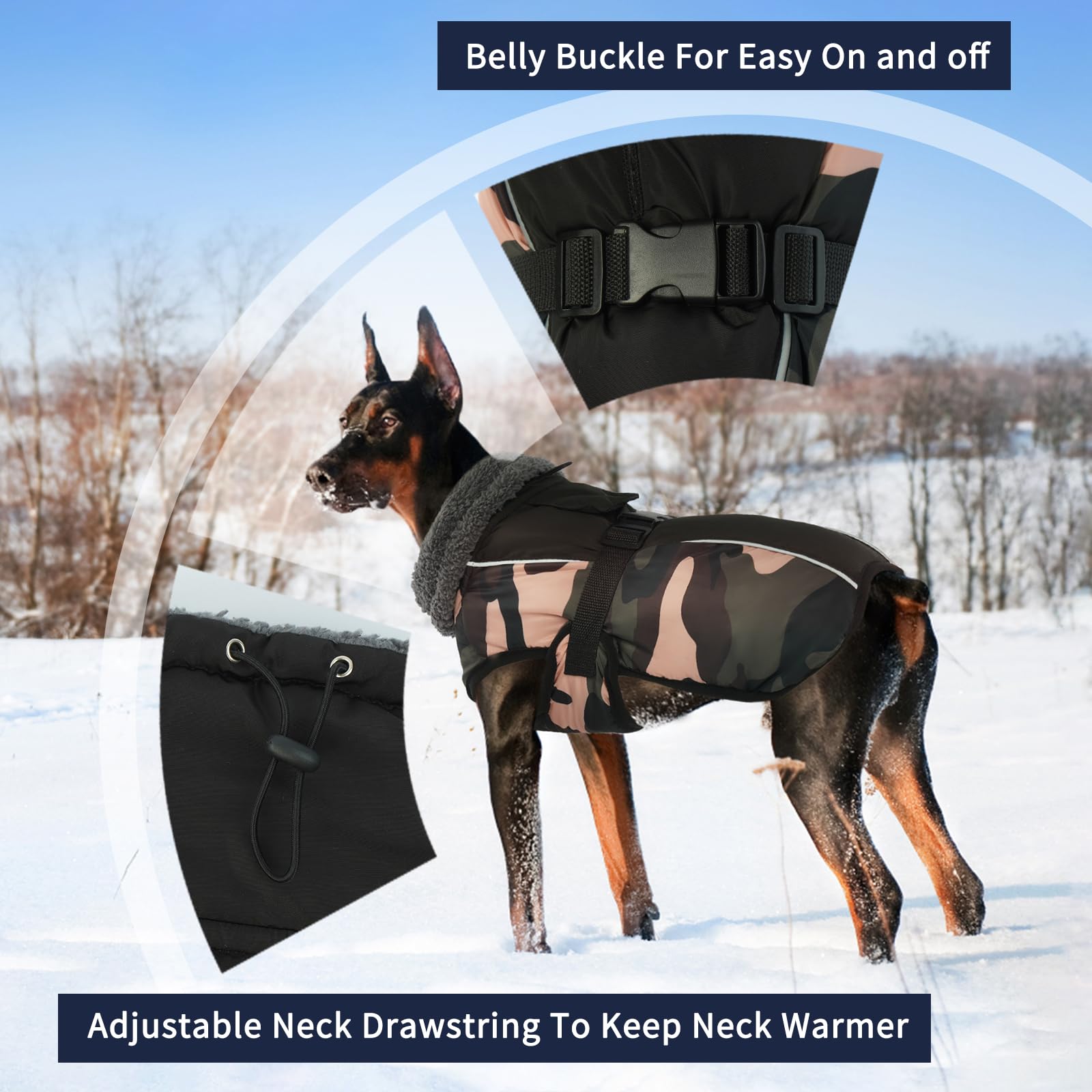 IECOii Dog Winter Coat - Extra Warm Reflective Jacket, Fleece Turtleneck, Large, Green Camo for Small Medium Large Dogs