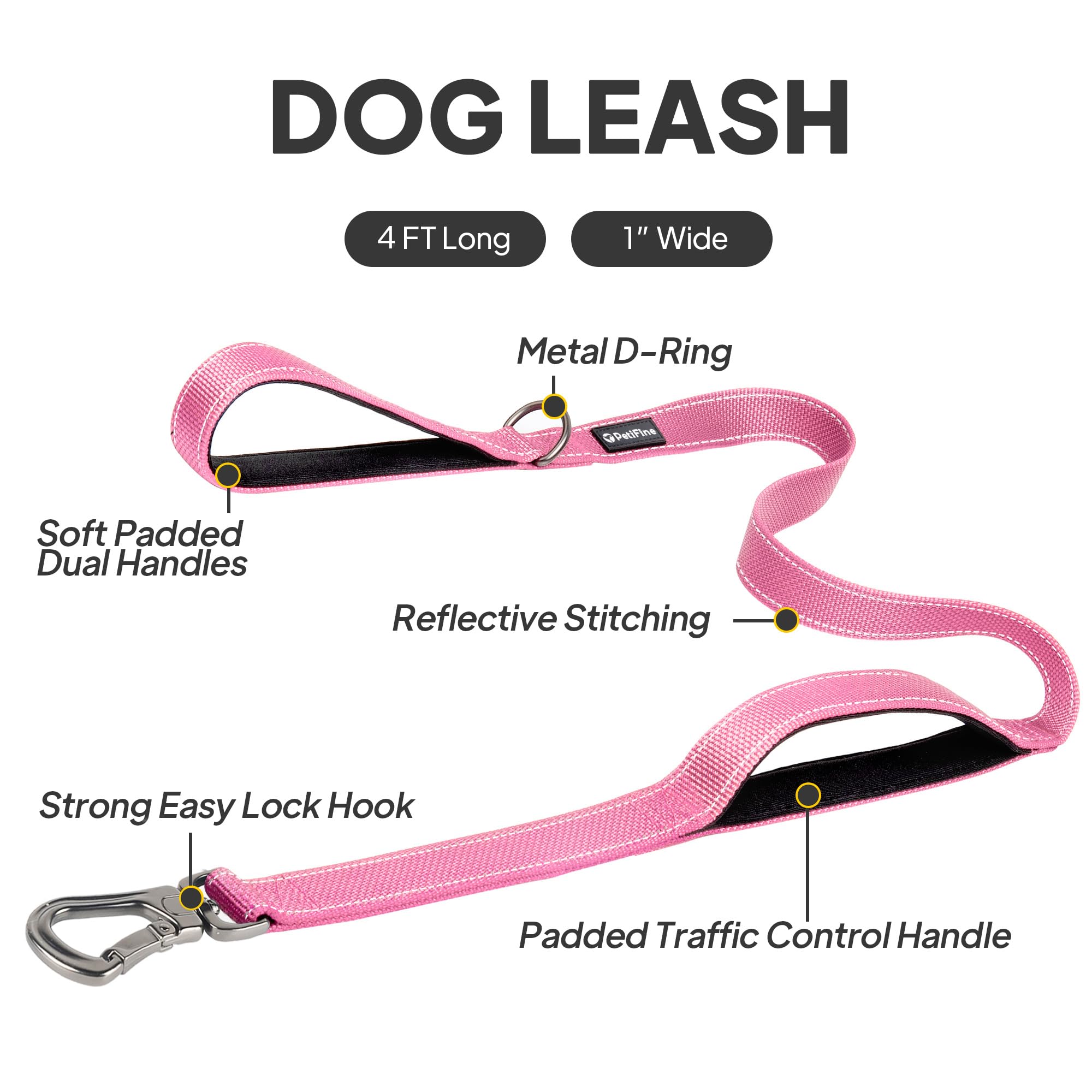 Petifine 4Ft Heavy Duty Dog Leash With Soft Padded Double Handle, Durable Strong Clasp Dog Leashes, Reflective Nylon Walking Lead For Large,Medium,Small Breed Dogs, Pink