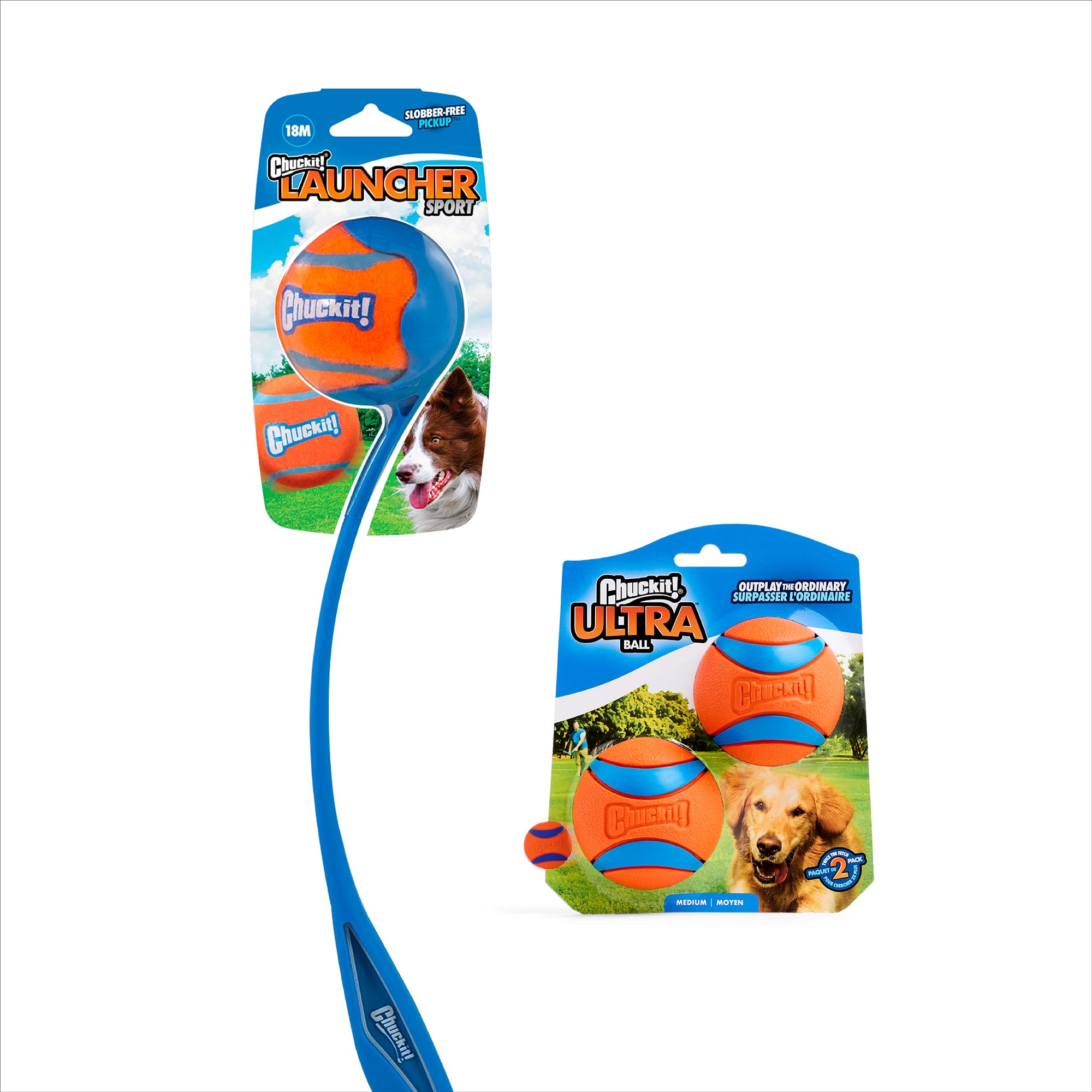 Chuckit! Ultra Ball & Launcher Bundle - Sport 18 with 2 Pack Medium (2.5) Bouncy Fetch Balls for Dogs 20-60 lbs, Dog Fetch Ball