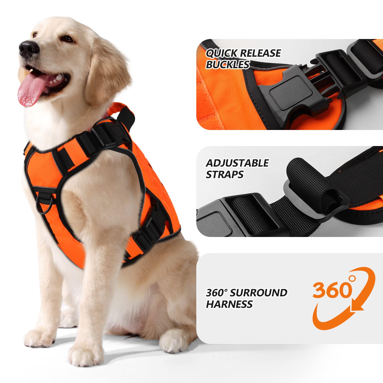 Wingoin Orange Tactical Dog Harness Vest For Large Dogs No Pull Adjustable Reflective K9 Military Dog Service Dog Harnesses With Handle For Walking, Hiking, Training(L)