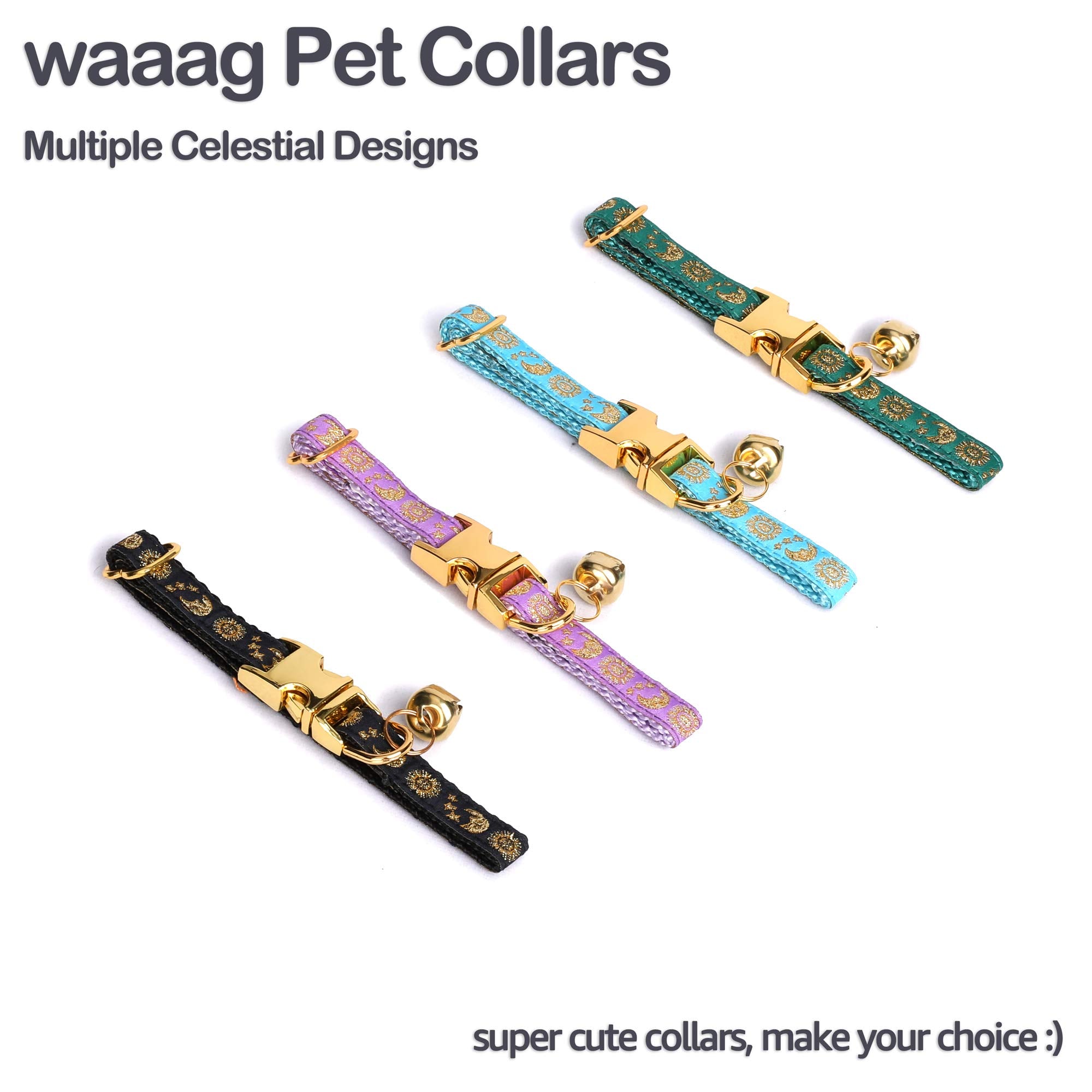 Waaag Pet, Moons Stars Suns Dog Collar Cat Collar, Multiple Designs Crescent Celestial Dog Cat Collar Leash Harness X-Small (Pac