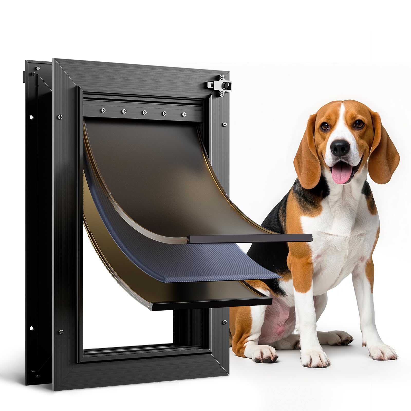 Dog Door For Door All Aluminum 3 Flaps, Medium Doggy Doggie Door, Cat Door Black, Heavy Duty Pet Door For Dogs Cats, With Insula