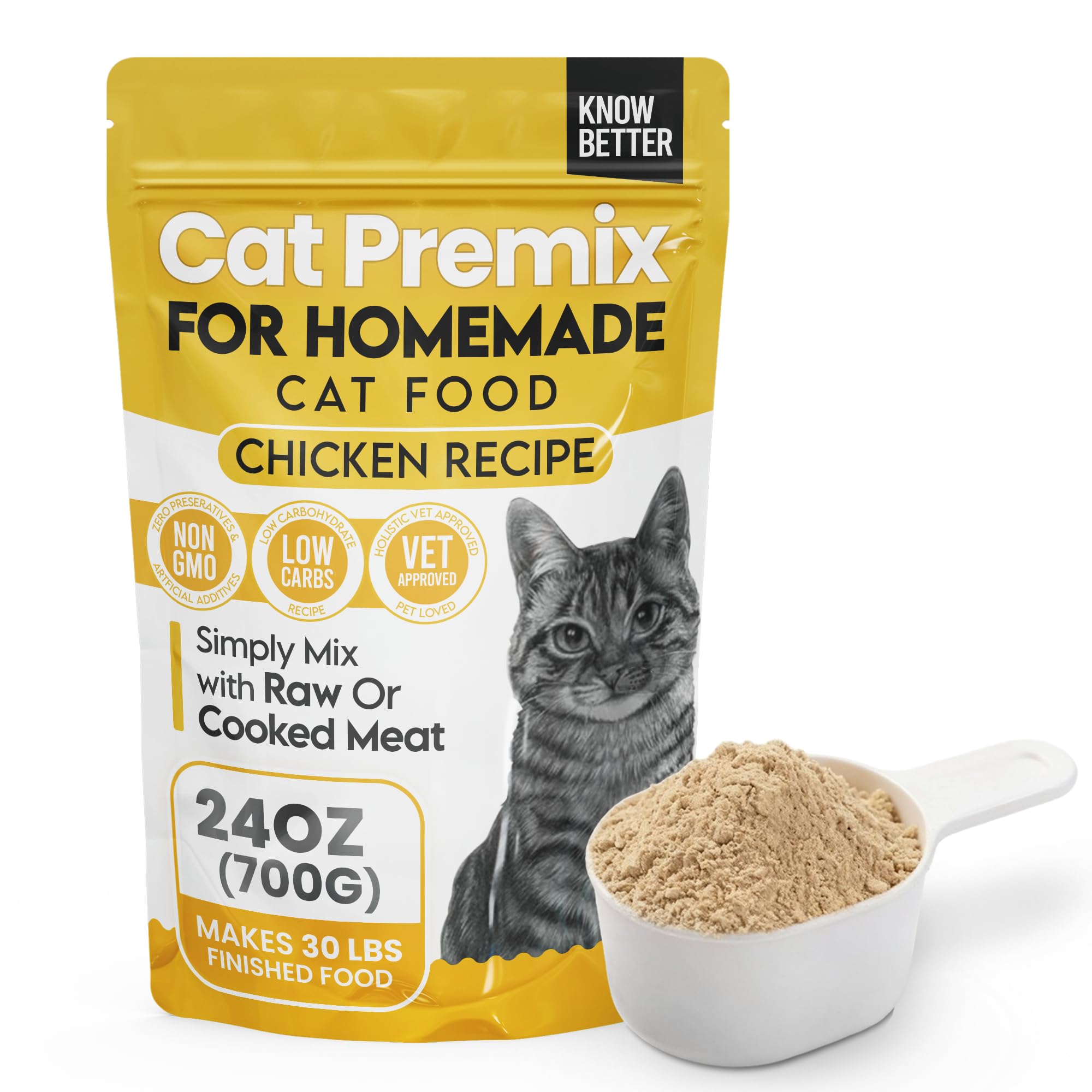 Know Better Chicken Recipe Premix for Raw Or Cooked Cat Food - Natural Supplies Meal Mix with Taurine for Cats - Indoor Cat Food